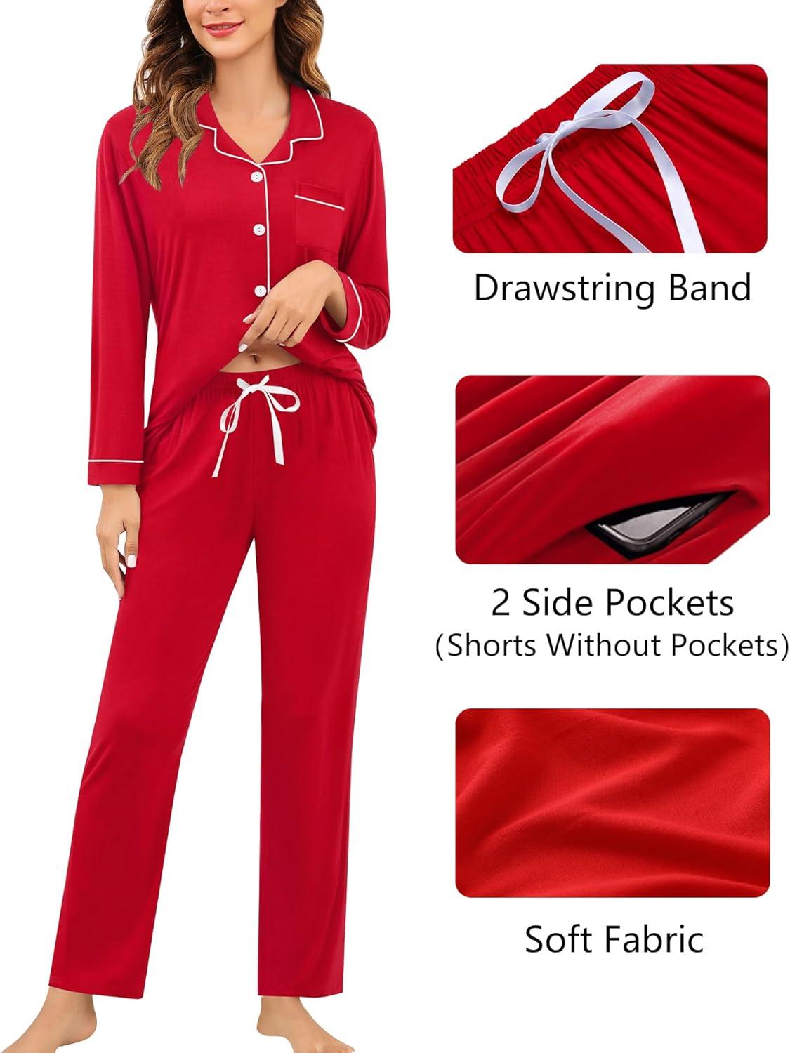 imageSWOMOG Womens 3pcs Button Down Pajamas Set Short Sleeve Sleepwear Bride Pj Lounge Set with Long PantsLong Sleeve Red