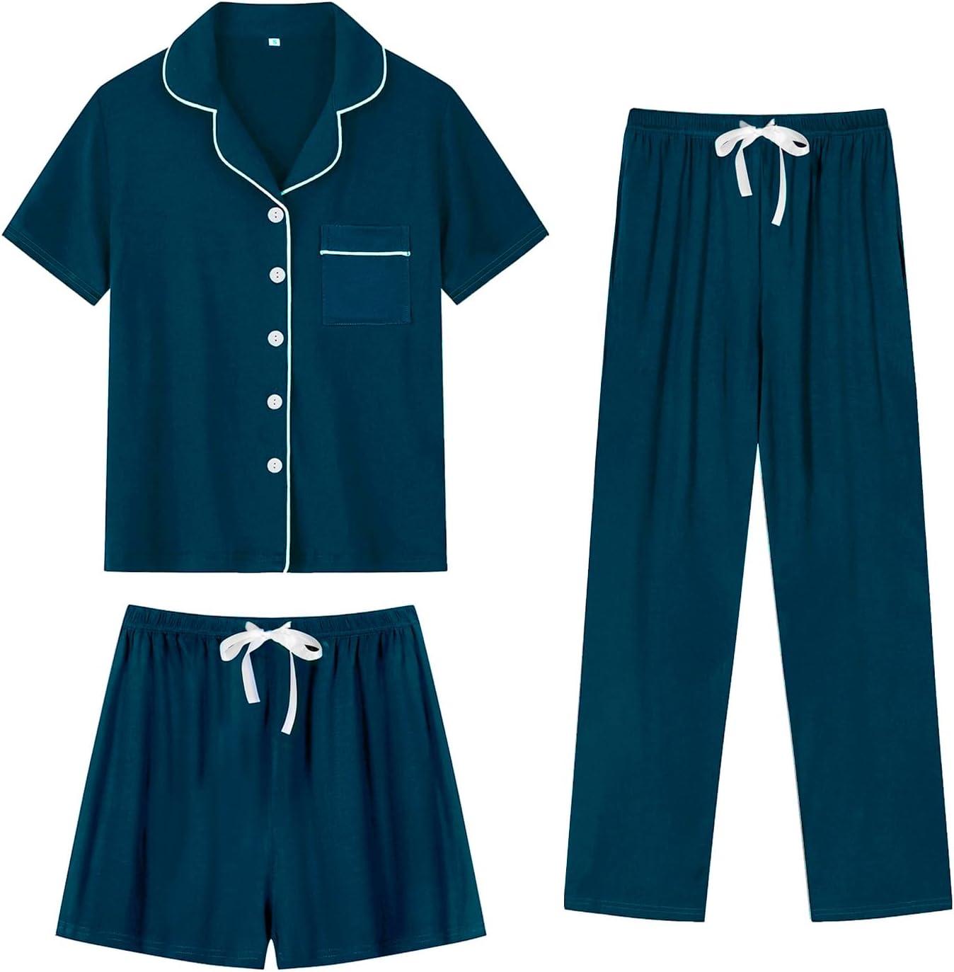 imageSWOMOG Womens 3pcs Button Down Pajamas Set Short Sleeve Sleepwear Bride Pj Lounge Set with Long PantsOxford Blue