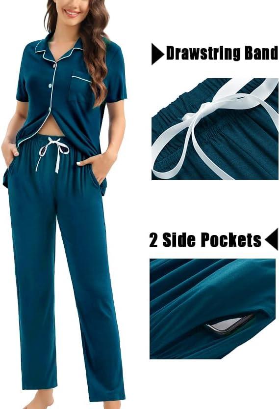 imageSWOMOG Womens 3pcs Button Down Pajamas Set Short Sleeve Sleepwear Bride Pj Lounge Set with Long PantsOxford Blue
