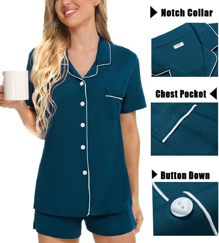 imageSWOMOG Womens 3pcs Button Down Pajamas Set Short Sleeve Sleepwear Bride Pj Lounge Set with Long PantsOxford Blue