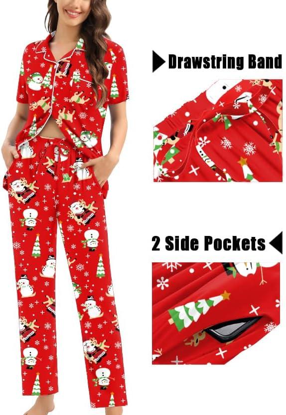 imageSWOMOG Womens 3pcs Button Down Pajamas Set Short Sleeve Sleepwear Bride Pj Lounge Set with Long PantsSnowman