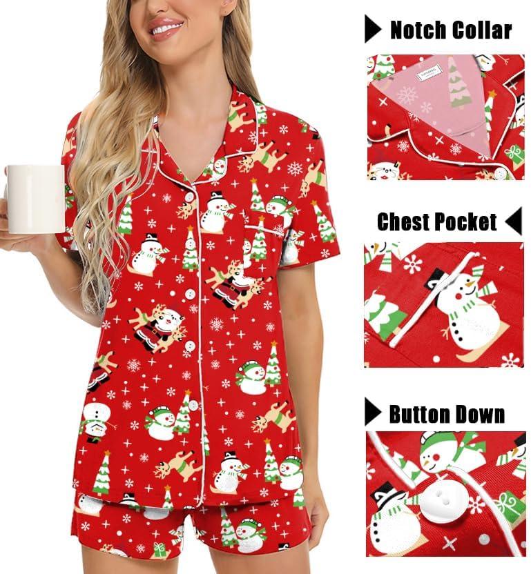 imageSWOMOG Womens 3pcs Button Down Pajamas Set Short Sleeve Sleepwear Bride Pj Lounge Set with Long PantsSnowman