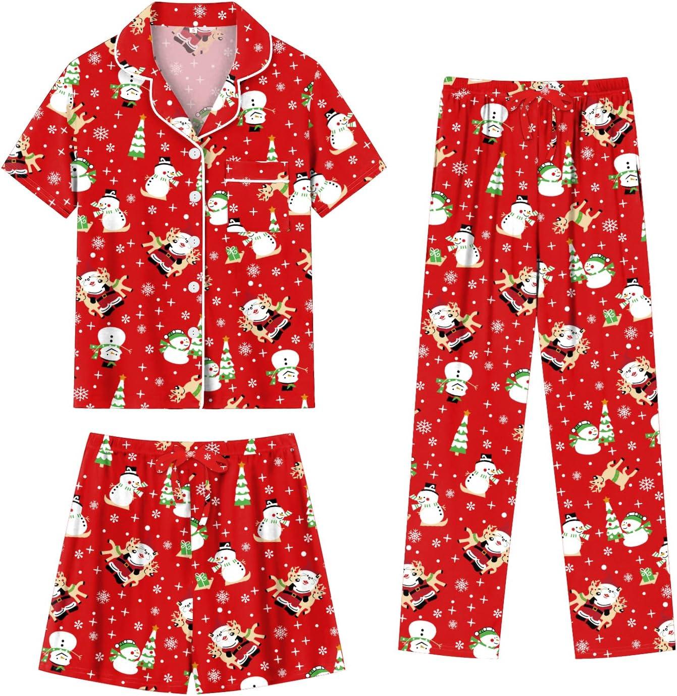 imageSWOMOG Womens 3pcs Button Down Pajamas Set Short Sleeve Sleepwear Bride Pj Lounge Set with Long PantsSnowman