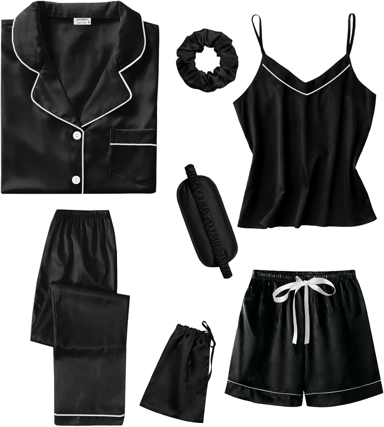 imageSWOMOG Womens 4pcs Pajamas Sets Short Sleeve Camisole with Button Down Shirt Pjs Silk Satin Sleepwear LoungewearBlack