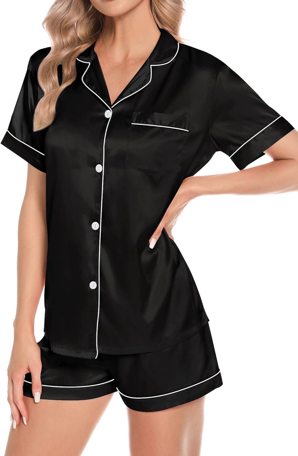 imageSWOMOG Womens 4pcs Pajamas Sets Short Sleeve Camisole with Button Down Shirt Pjs Silk Satin Sleepwear LoungewearBlack