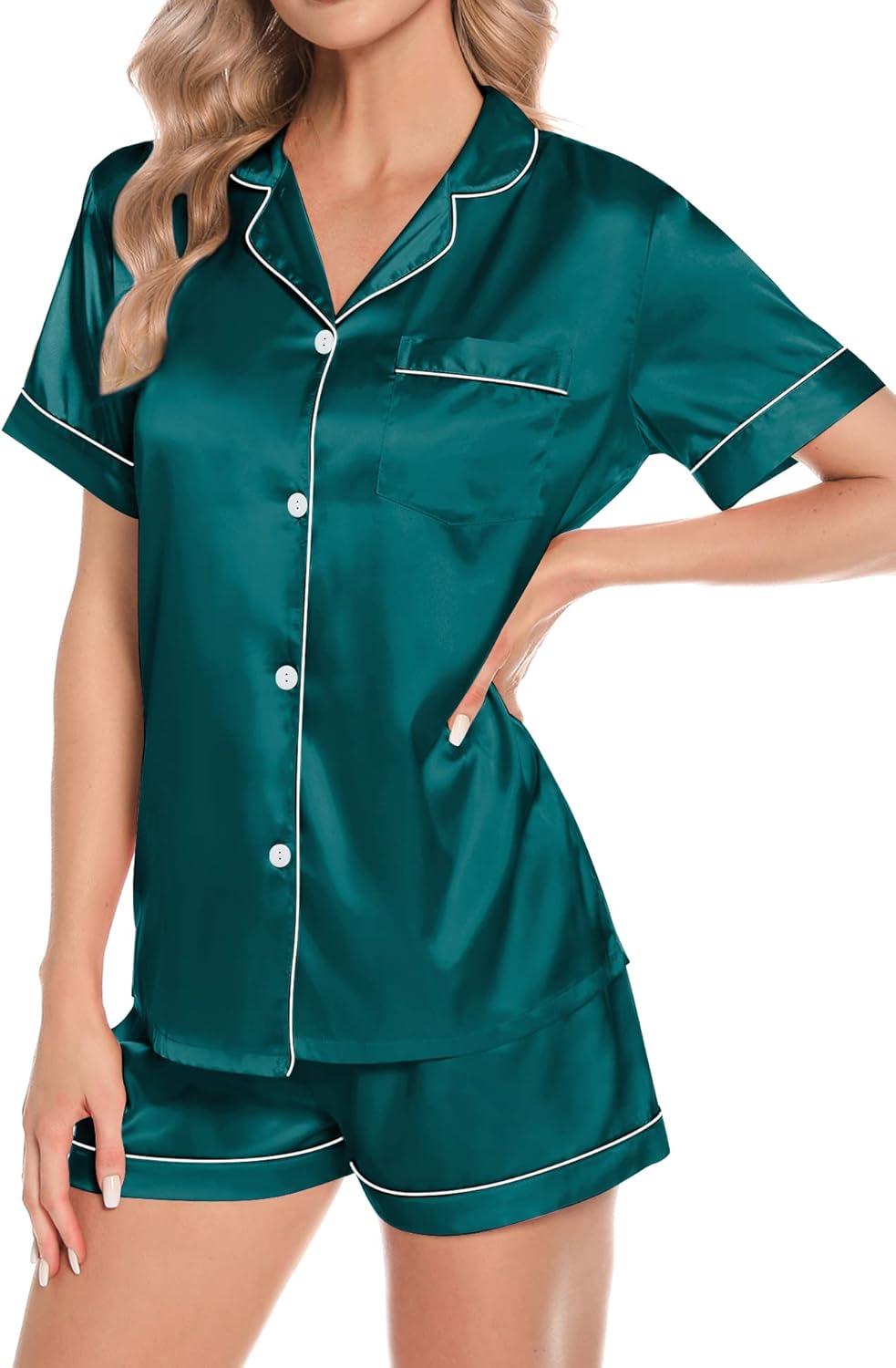 imageSWOMOG Womens 4pcs Pajamas Sets Short Sleeve Camisole with Button Down Shirt Pjs Silk Satin Sleepwear LoungewearGreen