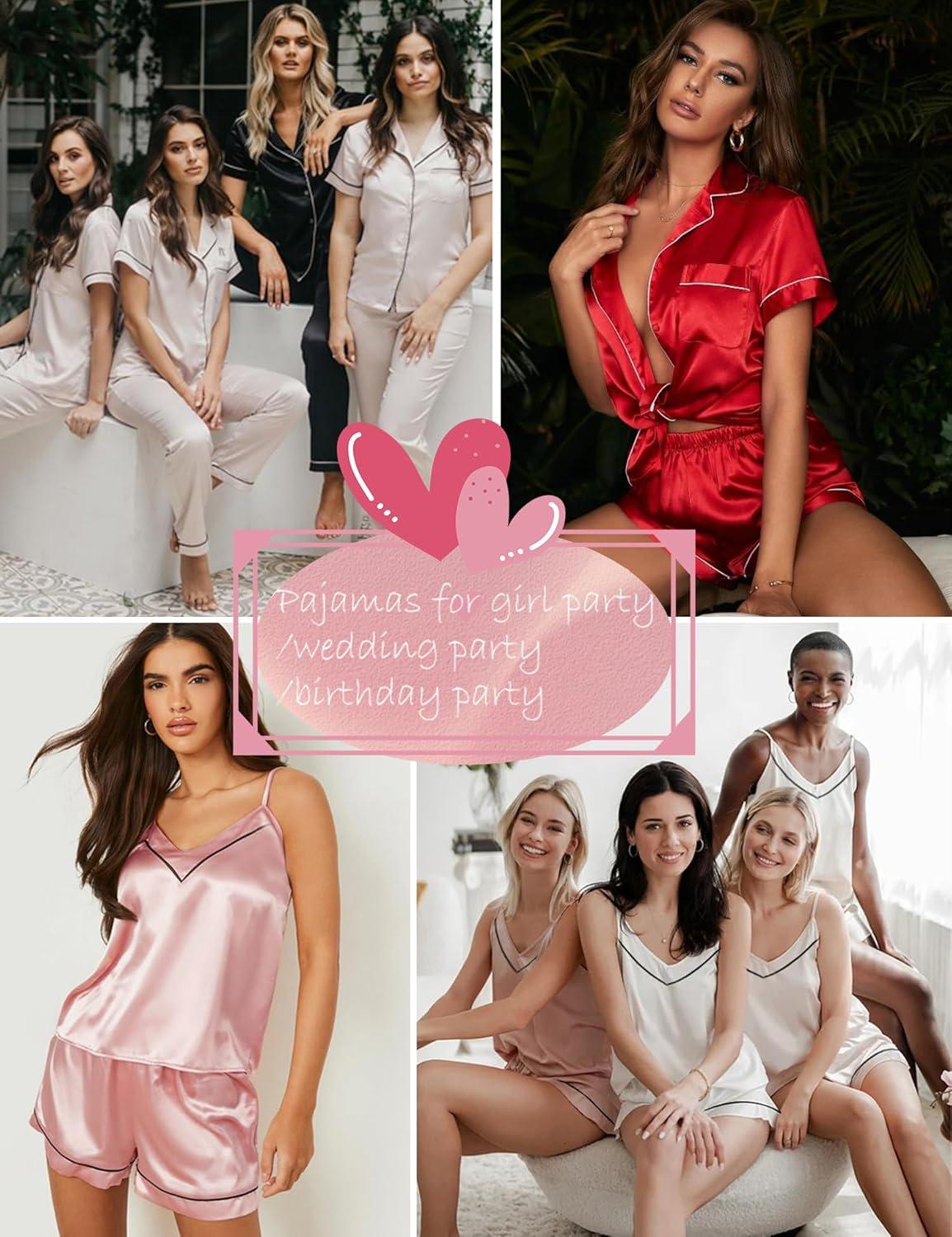 imageSWOMOG Womens 4pcs Pajamas Sets Short Sleeve Camisole with Button Down Shirt Pjs Silk Satin Sleepwear LoungewearMisty Rose