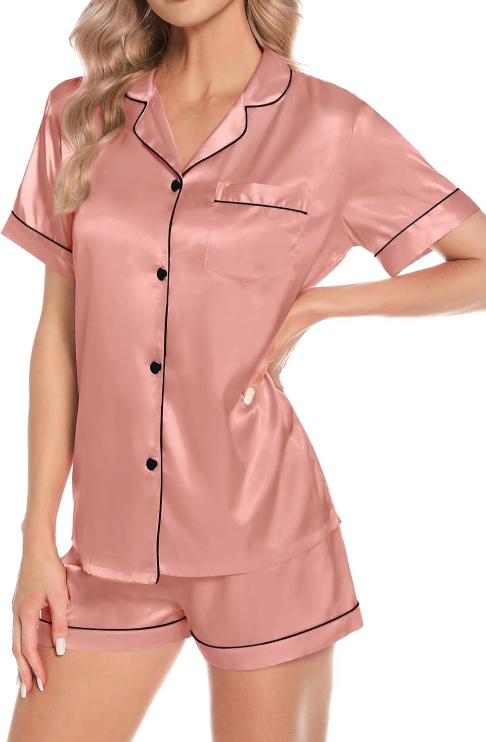 imageSWOMOG Womens 4pcs Pajamas Sets Short Sleeve Camisole with Button Down Shirt Pjs Silk Satin Sleepwear LoungewearMisty Rose