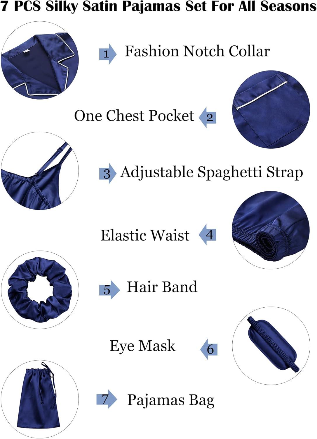 imageSWOMOG Womens 4pcs Pajamas Sets Short Sleeve Camisole with Button Down Shirt Pjs Silk Satin Sleepwear LoungewearNavy Blue
