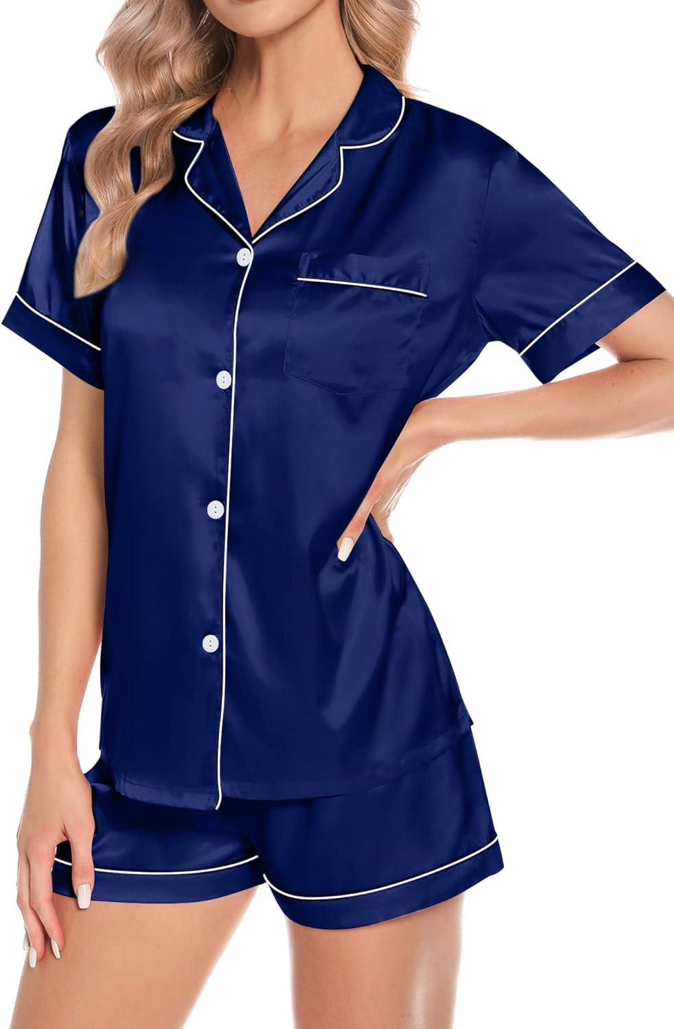 imageSWOMOG Womens 4pcs Pajamas Sets Short Sleeve Camisole with Button Down Shirt Pjs Silk Satin Sleepwear LoungewearNavy Blue