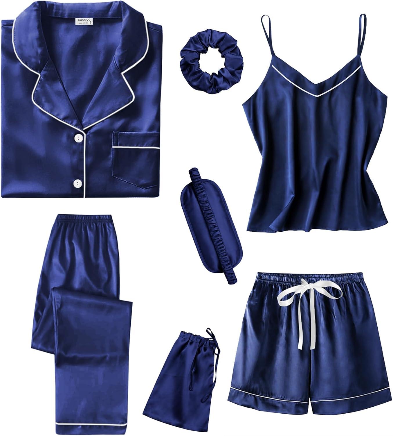 imageSWOMOG Womens 4pcs Pajamas Sets Short Sleeve Camisole with Button Down Shirt Pjs Silk Satin Sleepwear LoungewearNavy Blue