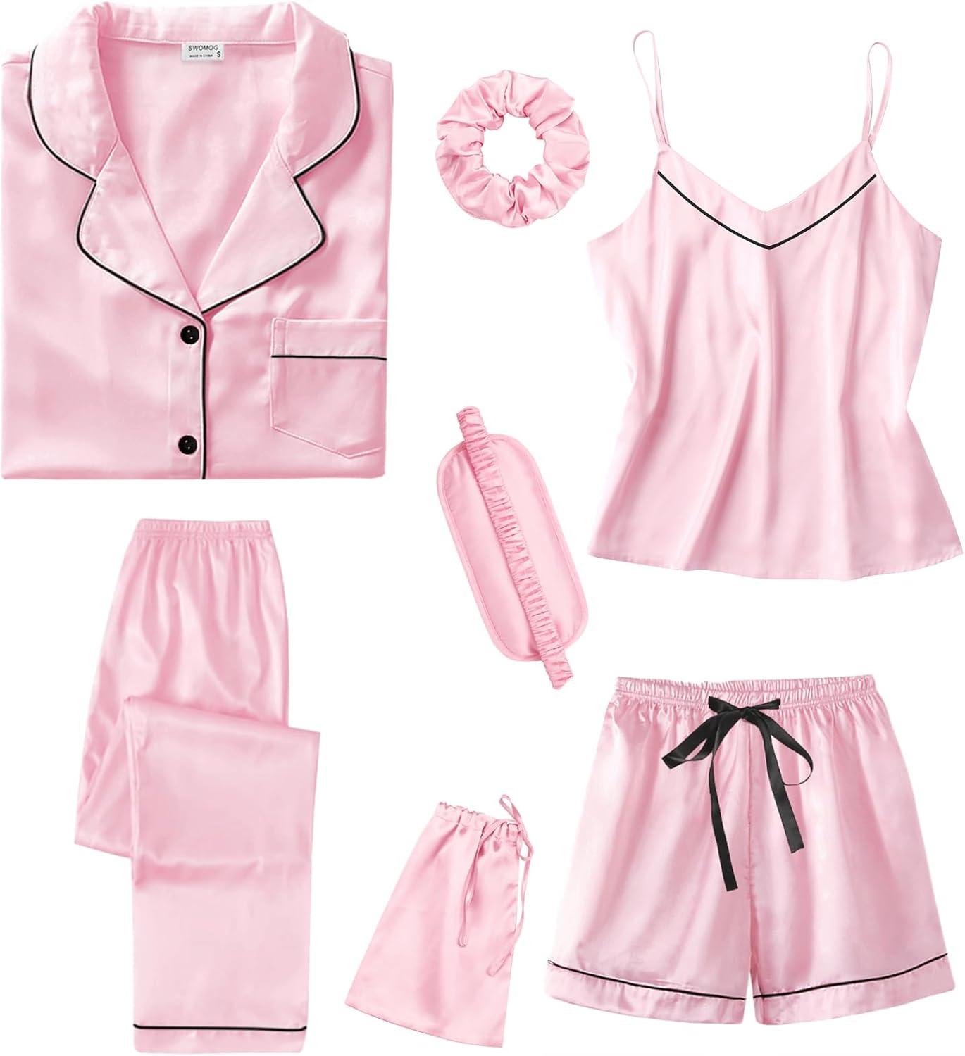 imageSWOMOG Womens 4pcs Pajamas Sets Short Sleeve Camisole with Button Down Shirt Pjs Silk Satin Sleepwear LoungewearPink