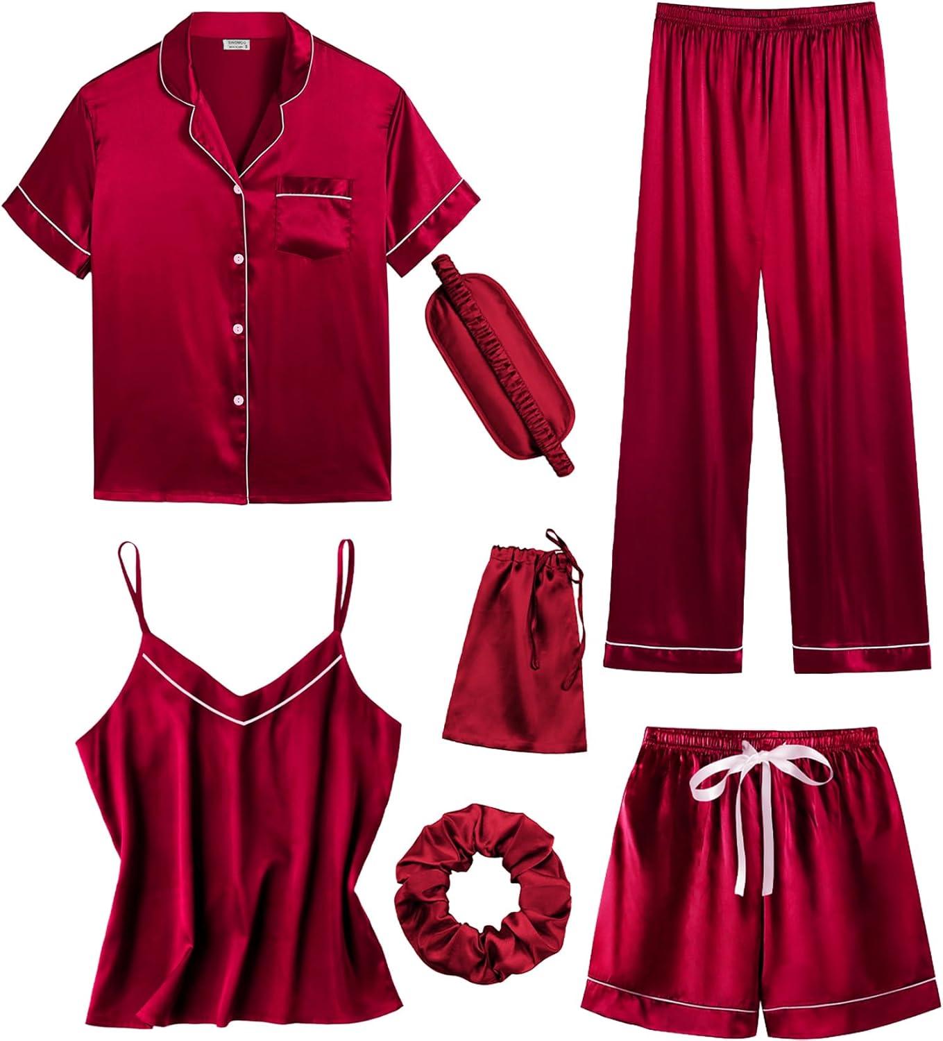 imageSWOMOG Womens 4pcs Pajamas Sets Short Sleeve Camisole with Button Down Shirt Pjs Silk Satin Sleepwear LoungewearRed