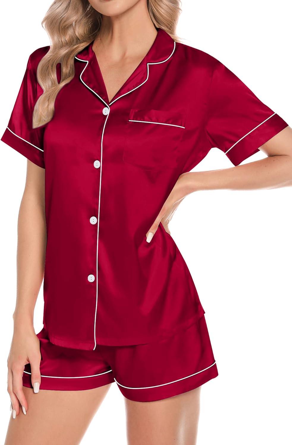 imageSWOMOG Womens 4pcs Pajamas Sets Short Sleeve Camisole with Button Down Shirt Pjs Silk Satin Sleepwear LoungewearRed