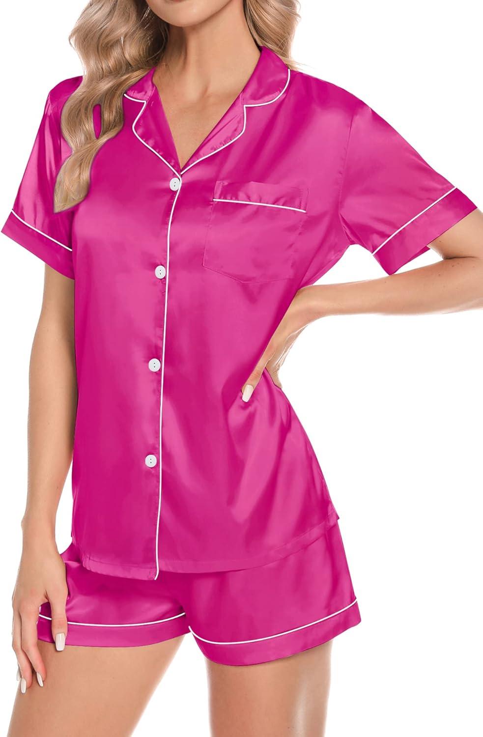 imageSWOMOG Womens 4pcs Pajamas Sets Short Sleeve Camisole with Button Down Shirt Pjs Silk Satin Sleepwear LoungewearRose Red