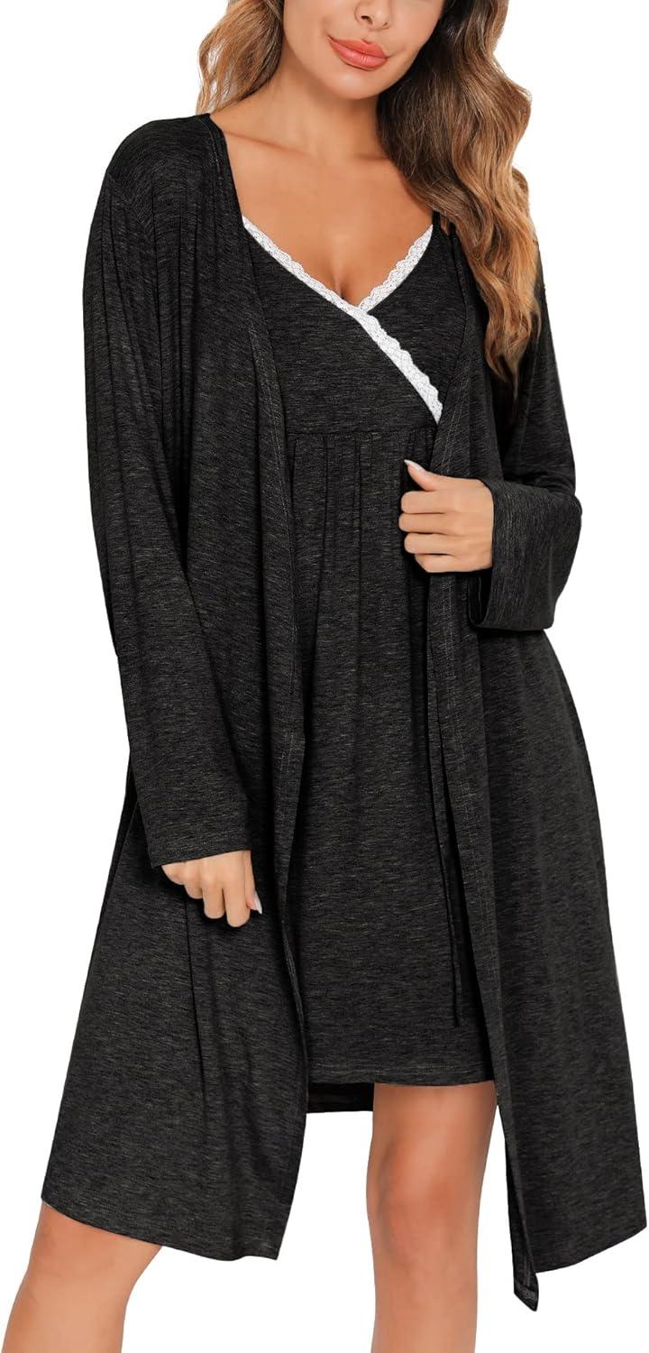 imageSWOMOG Womens Maternity Robe 2 Piece Nursing Nightgown for Breastfeeding 3 in 1 Labor Delivery Nursing Dress Lace BathrobeBlack Grey