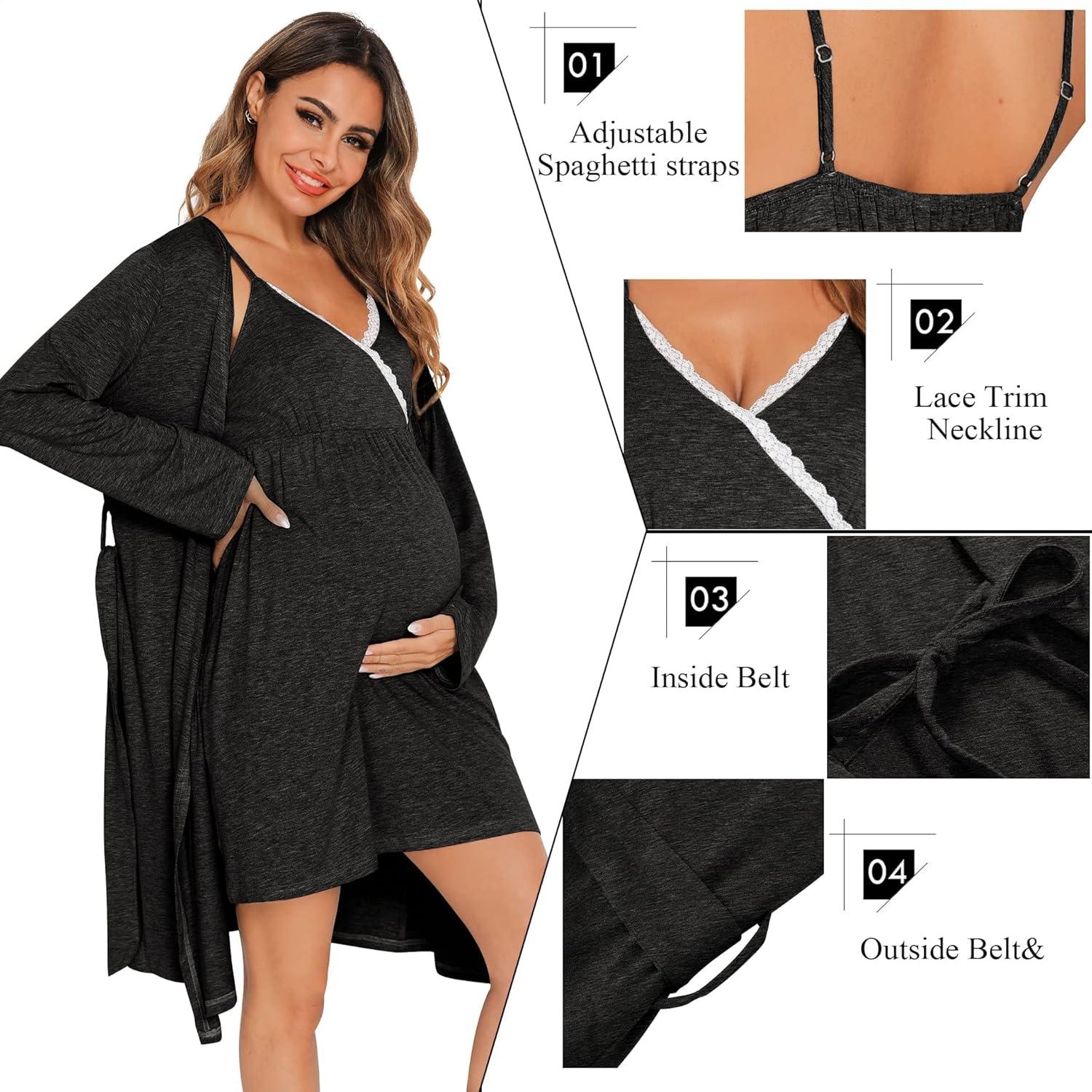 imageSWOMOG Womens Maternity Robe 2 Piece Nursing Nightgown for Breastfeeding 3 in 1 Labor Delivery Nursing Dress Lace BathrobeBlack Grey