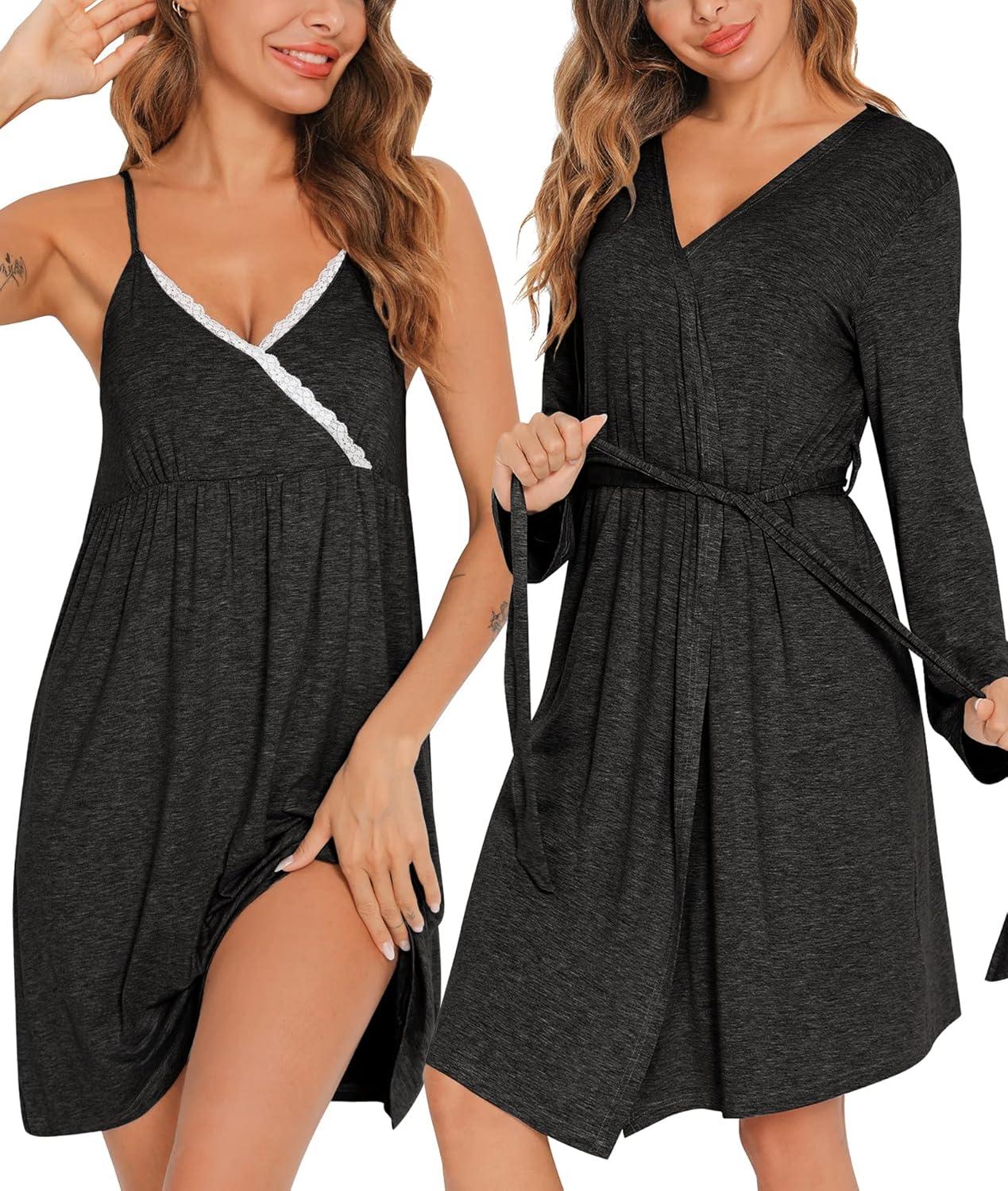 imageSWOMOG Womens Maternity Robe 2 Piece Nursing Nightgown for Breastfeeding 3 in 1 Labor Delivery Nursing Dress Lace BathrobeBlack Grey