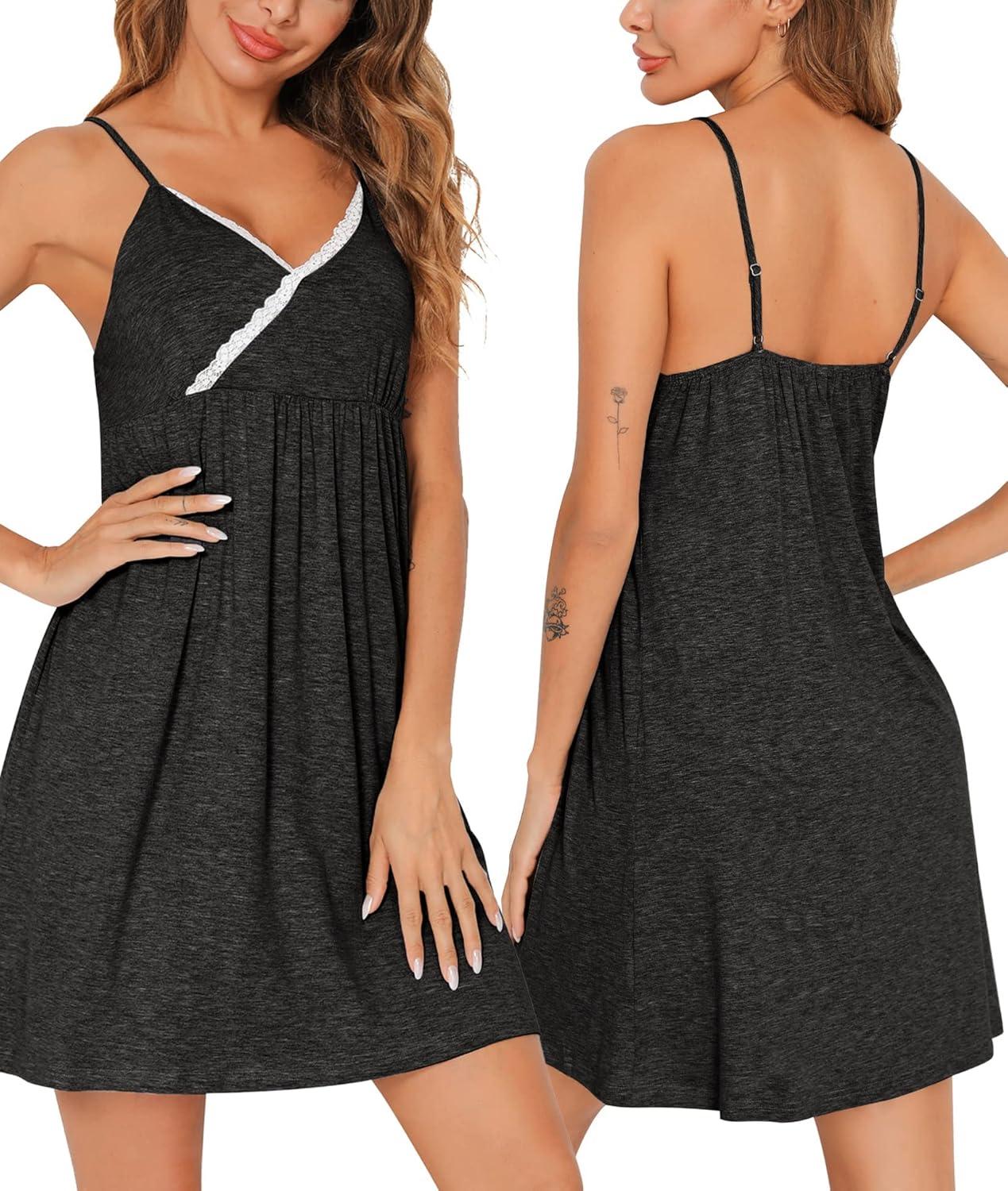 imageSWOMOG Womens Maternity Robe 2 Piece Nursing Nightgown for Breastfeeding 3 in 1 Labor Delivery Nursing Dress Lace BathrobeBlack Grey