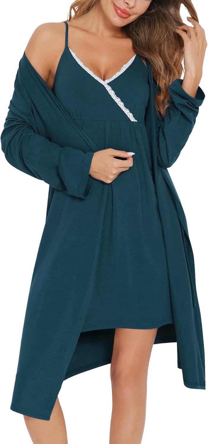 imageSWOMOG Womens Maternity Robe 2 Piece Nursing Nightgown for Breastfeeding 3 in 1 Labor Delivery Nursing Dress Lace BathrobeBlue Green