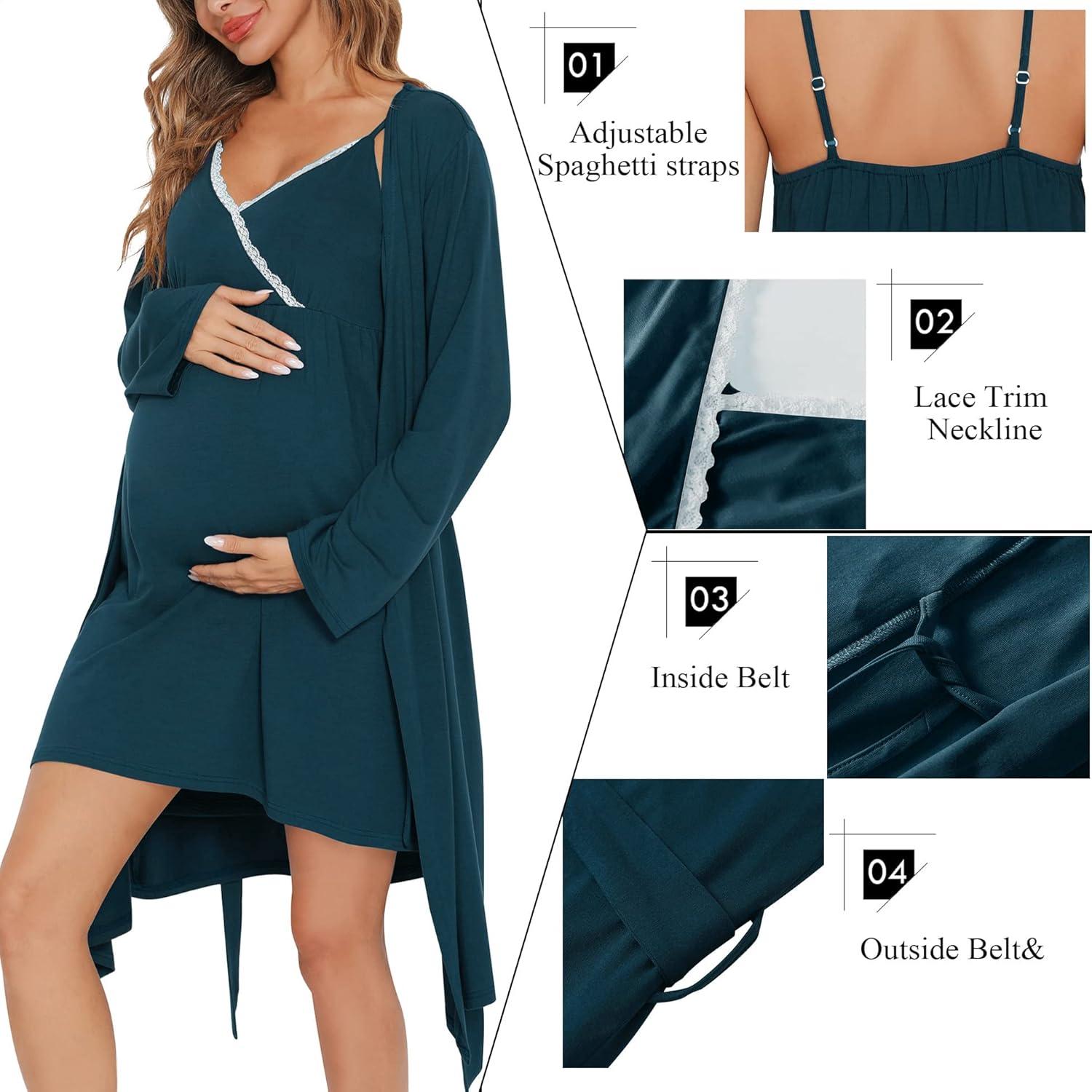 imageSWOMOG Womens Maternity Robe 2 Piece Nursing Nightgown for Breastfeeding 3 in 1 Labor Delivery Nursing Dress Lace BathrobeBlue Green