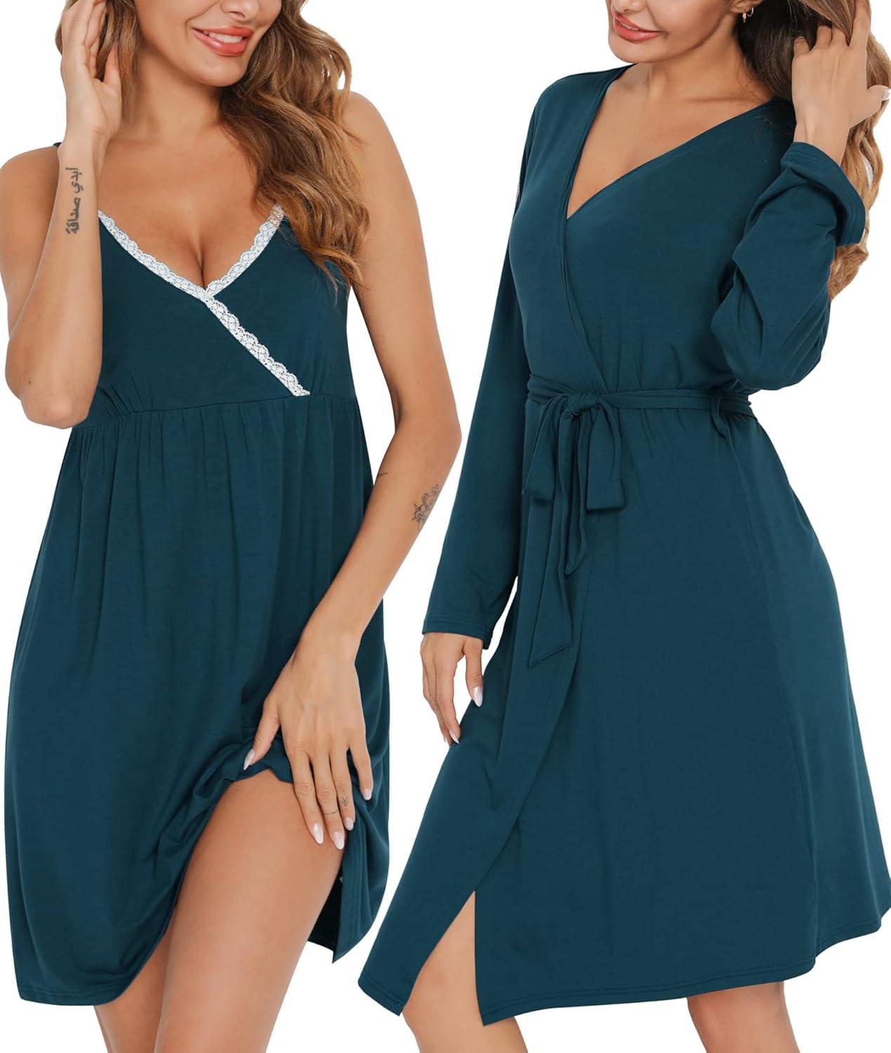 imageSWOMOG Womens Maternity Robe 2 Piece Nursing Nightgown for Breastfeeding 3 in 1 Labor Delivery Nursing Dress Lace BathrobeBlue Green