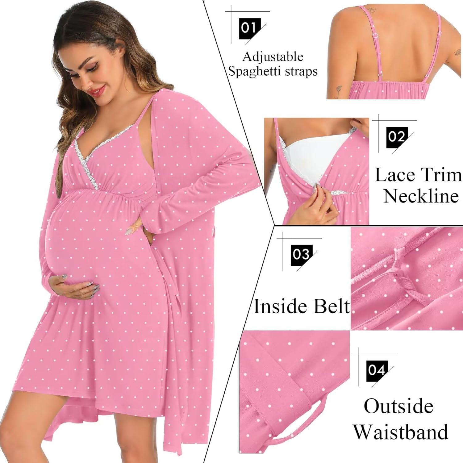 imageSWOMOG Womens Maternity Robe 2 Piece Nursing Nightgown for Breastfeeding 3 in 1 Labor Delivery Nursing Dress Lace BathrobeCoral Point
