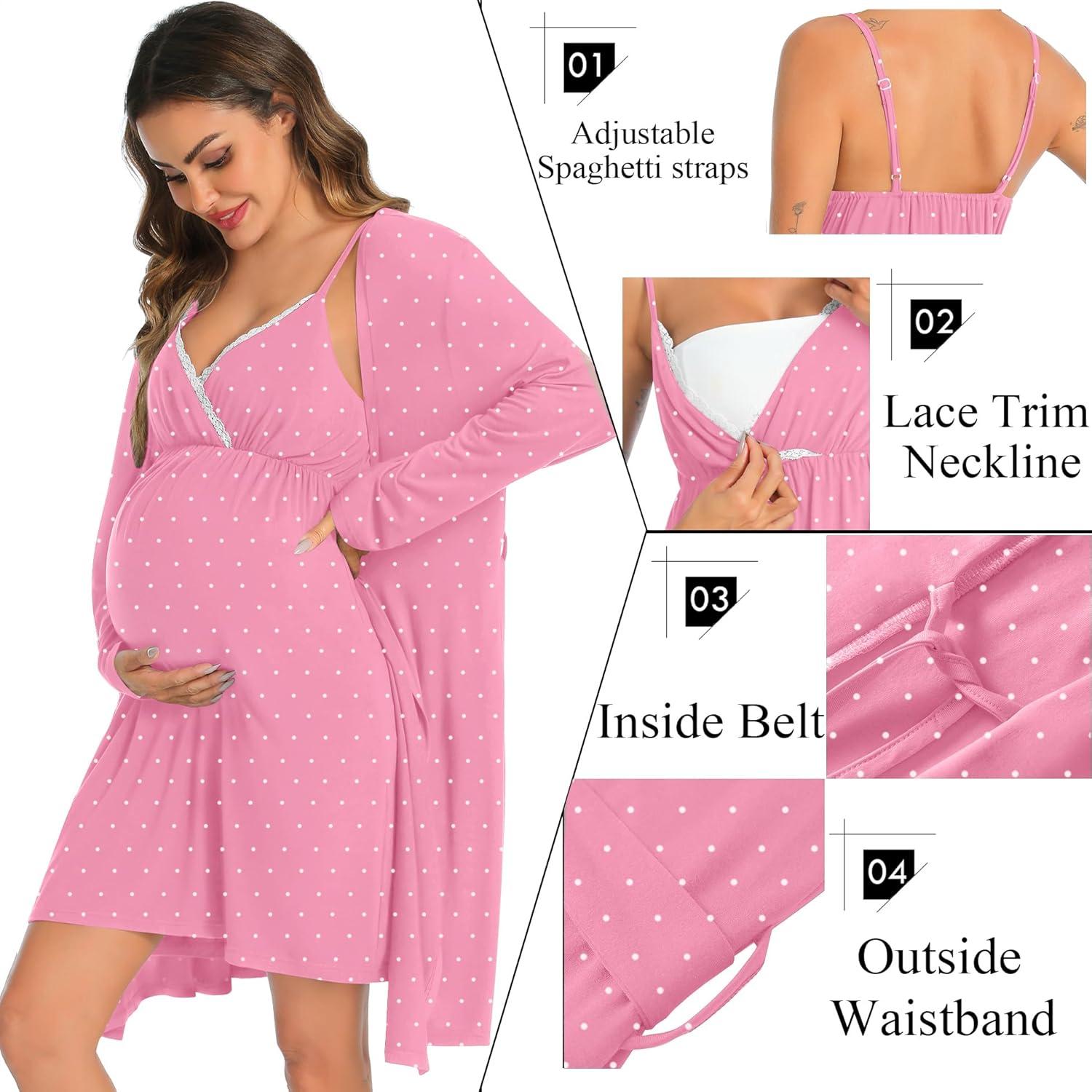 imageSWOMOG Womens Maternity Robe 2 Piece Nursing Nightgown for Breastfeeding 3 in 1 Labor Delivery Nursing Dress Lace BathrobeCoral Point
