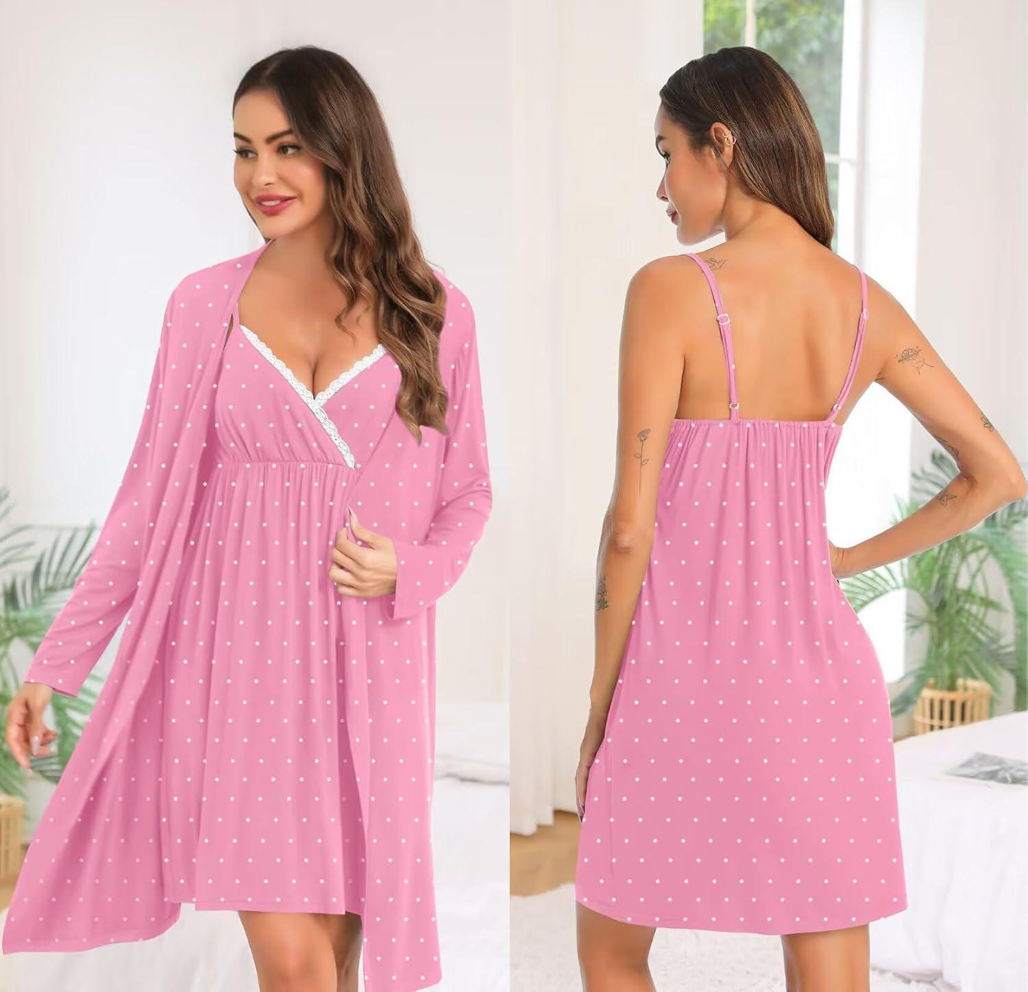 imageSWOMOG Womens Maternity Robe 2 Piece Nursing Nightgown for Breastfeeding 3 in 1 Labor Delivery Nursing Dress Lace BathrobeCoral Point