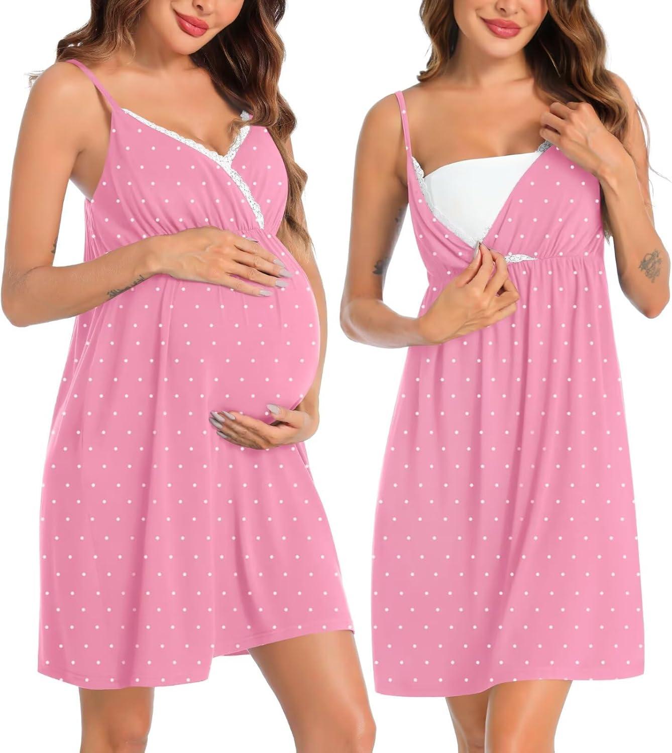 imageSWOMOG Womens Maternity Robe 2 Piece Nursing Nightgown for Breastfeeding 3 in 1 Labor Delivery Nursing Dress Lace BathrobeCoral Point