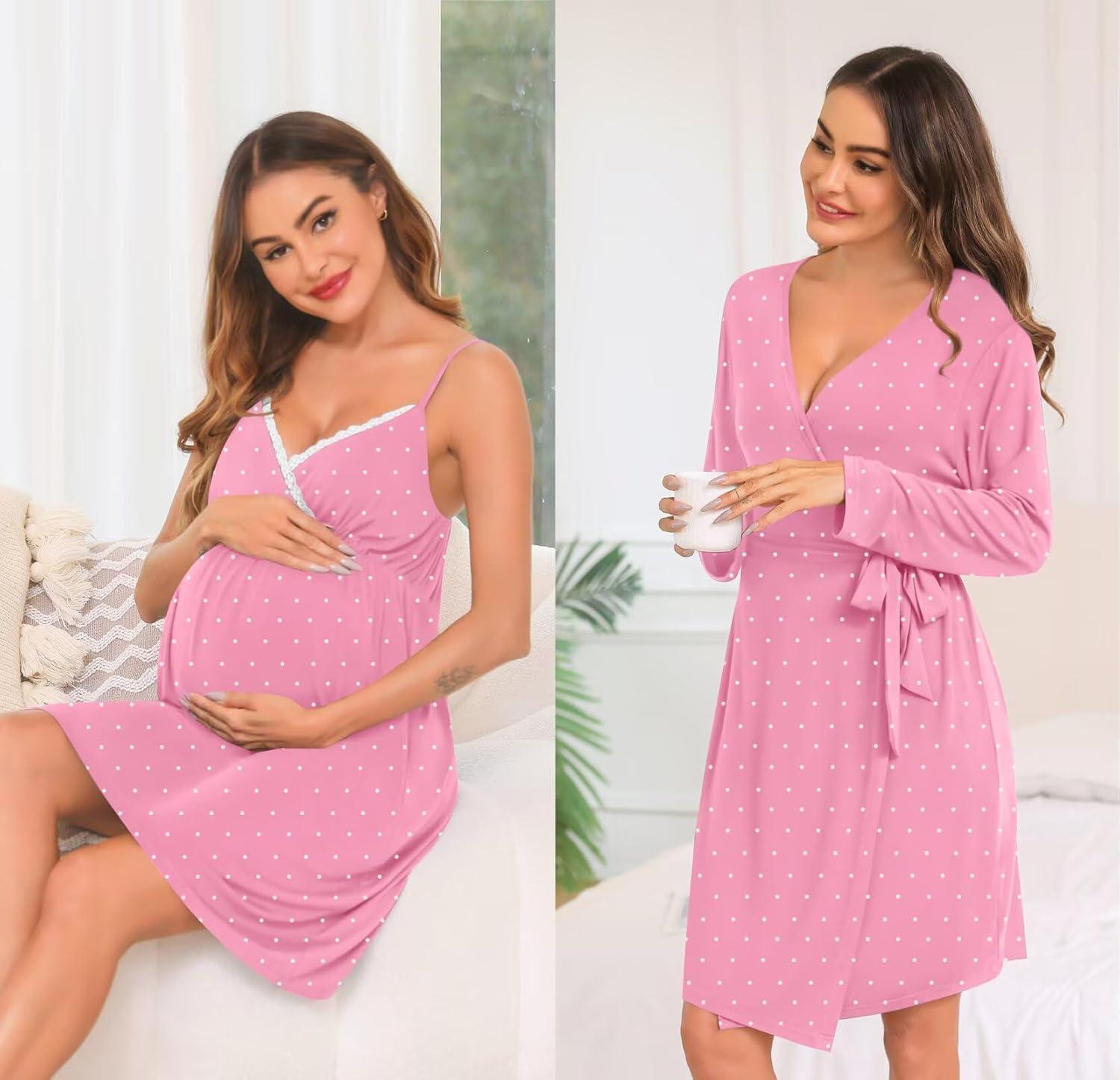 imageSWOMOG Womens Maternity Robe 2 Piece Nursing Nightgown for Breastfeeding 3 in 1 Labor Delivery Nursing Dress Lace BathrobeCoral Point