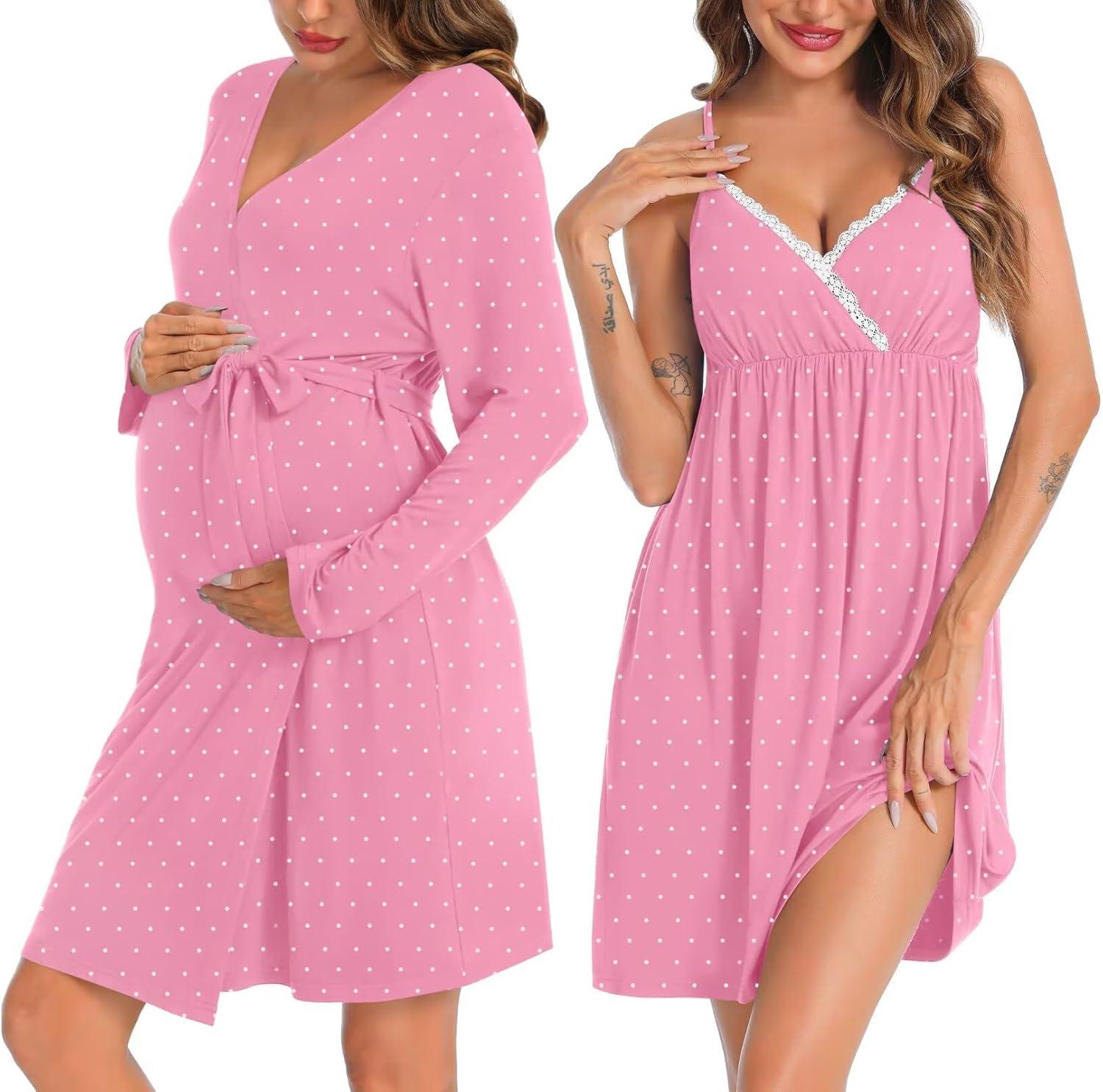 imageSWOMOG Womens Maternity Robe 2 Piece Nursing Nightgown for Breastfeeding 3 in 1 Labor Delivery Nursing Dress Lace BathrobeCoral Point