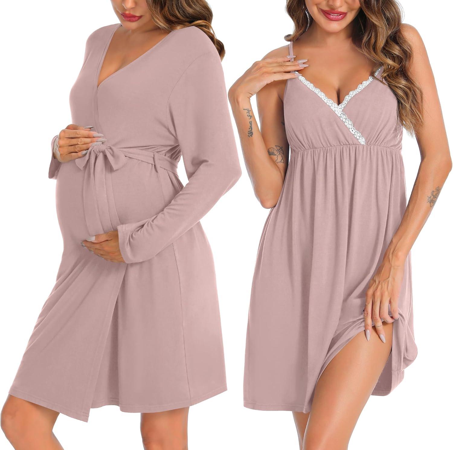 imageSWOMOG Womens Maternity Robe 2 Piece Nursing Nightgown for Breastfeeding 3 in 1 Labor Delivery Nursing Dress Lace BathrobeCtaro Purple