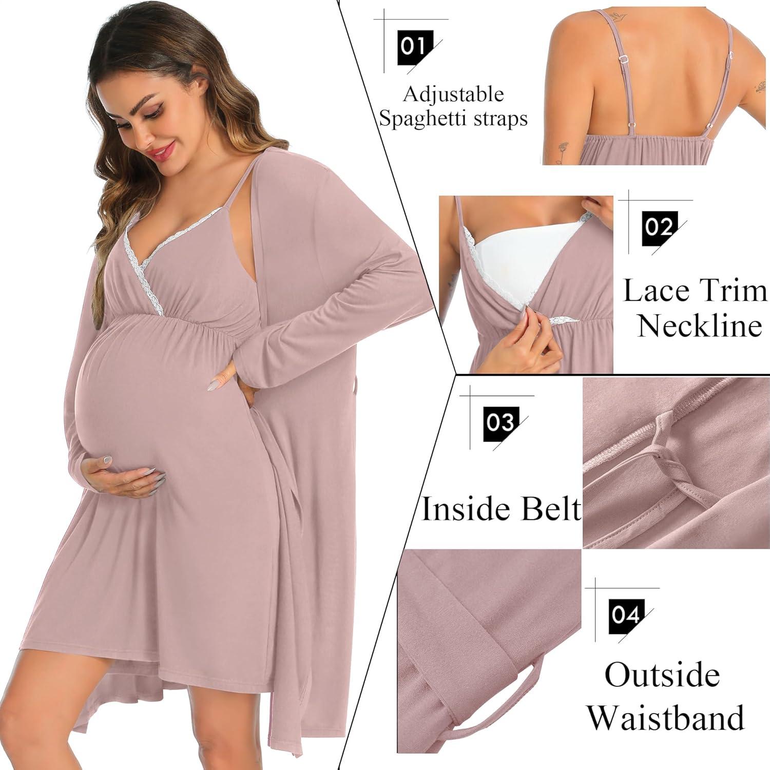 imageSWOMOG Womens Maternity Robe 2 Piece Nursing Nightgown for Breastfeeding 3 in 1 Labor Delivery Nursing Dress Lace BathrobeCtaro Purple