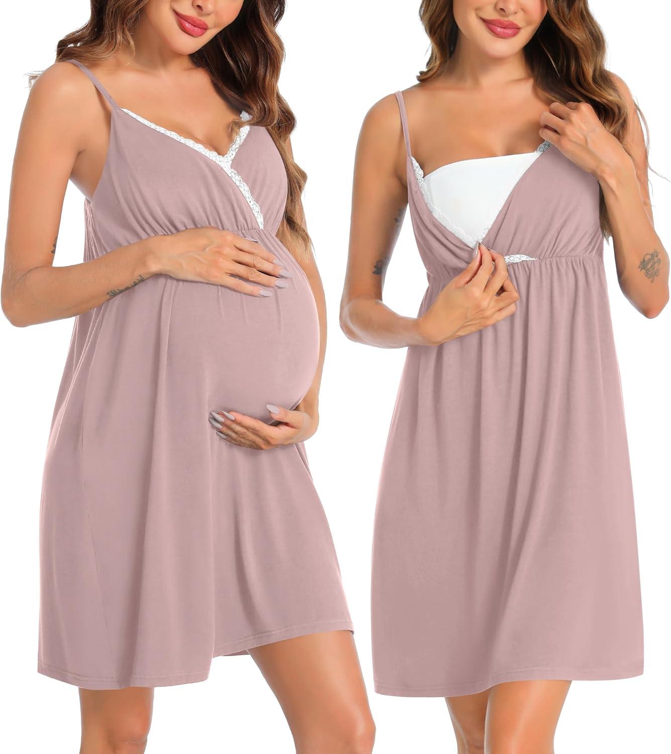 imageSWOMOG Womens Maternity Robe 2 Piece Nursing Nightgown for Breastfeeding 3 in 1 Labor Delivery Nursing Dress Lace BathrobeCtaro Purple