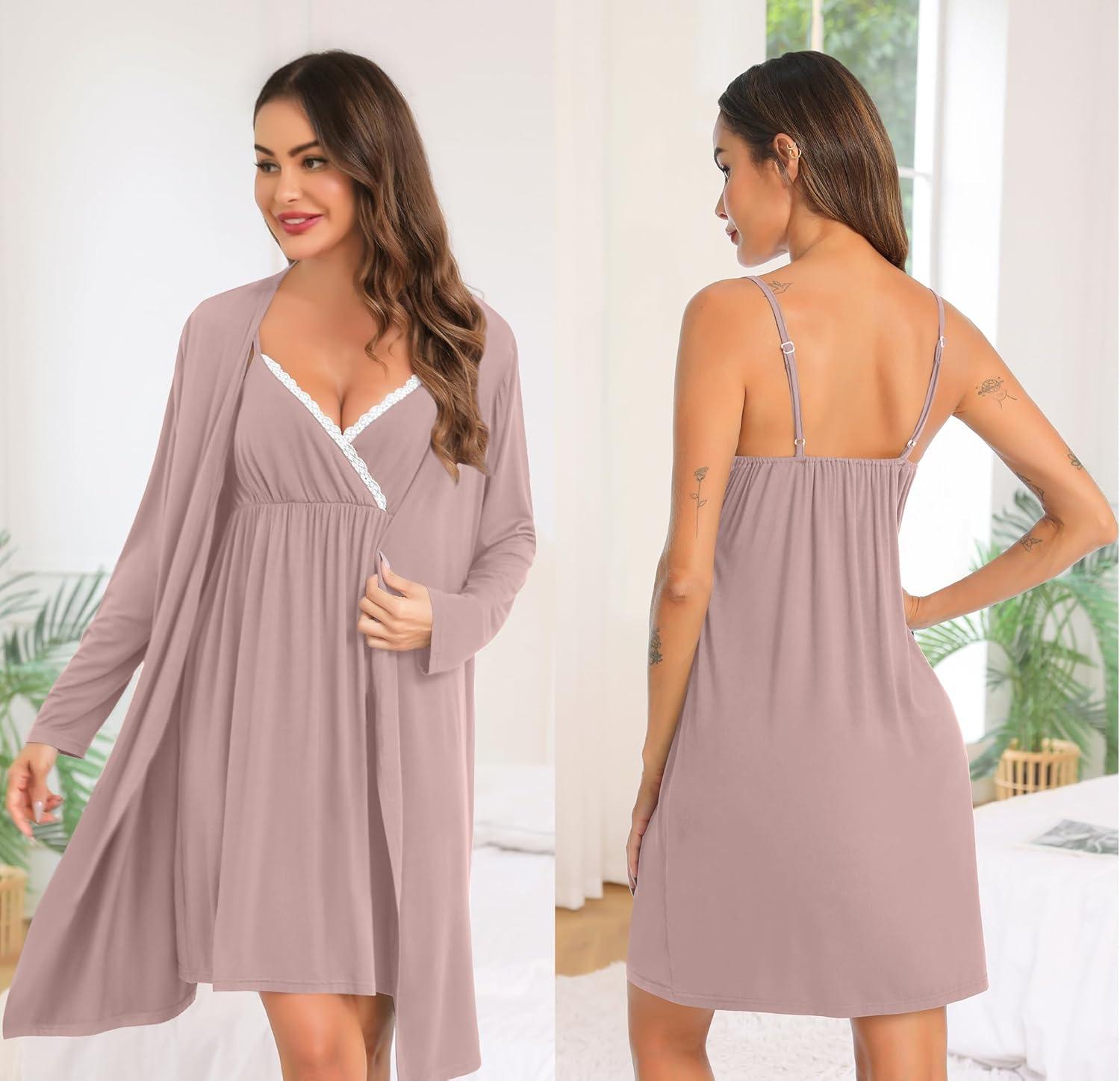 imageSWOMOG Womens Maternity Robe 2 Piece Nursing Nightgown for Breastfeeding 3 in 1 Labor Delivery Nursing Dress Lace BathrobeCtaro Purple