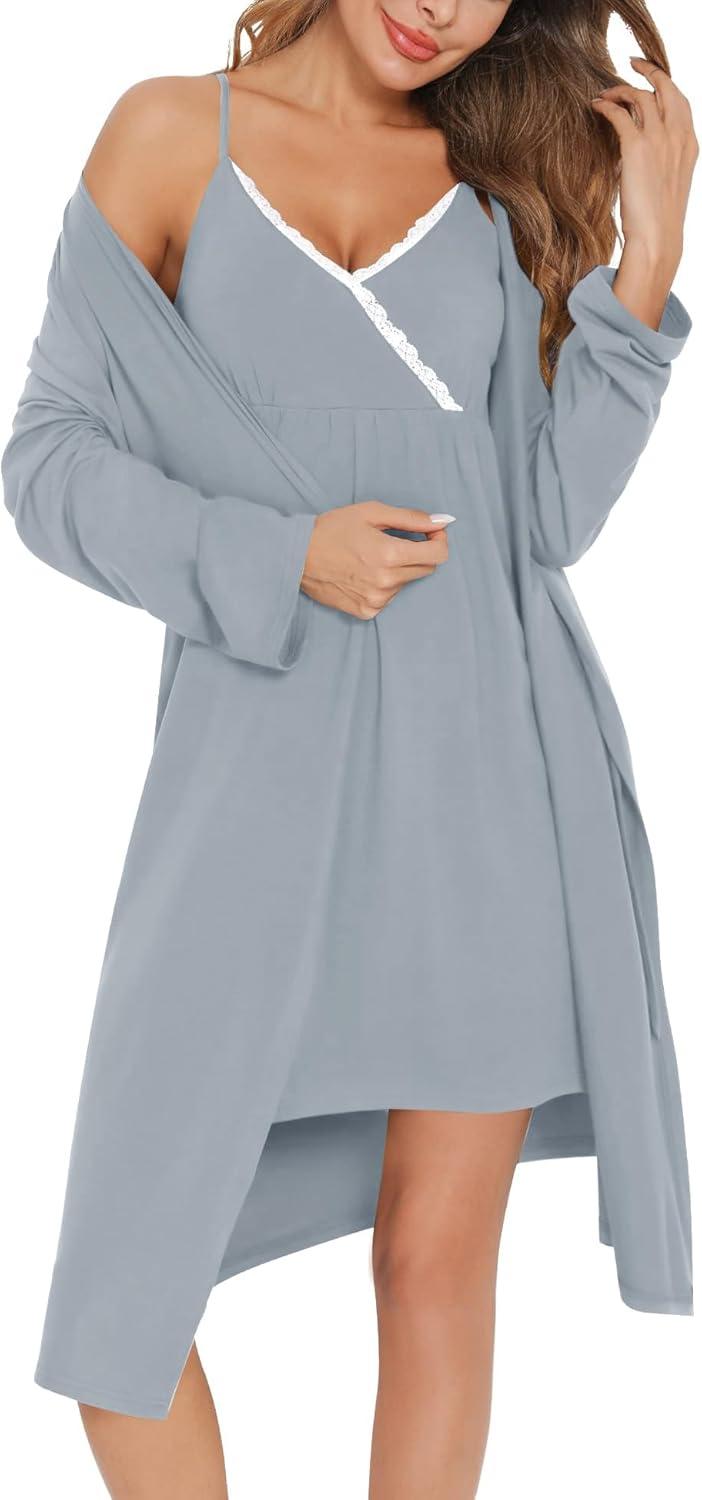 imageSWOMOG Womens Maternity Robe 2 Piece Nursing Nightgown for Breastfeeding 3 in 1 Labor Delivery Nursing Dress Lace BathrobeGray Green