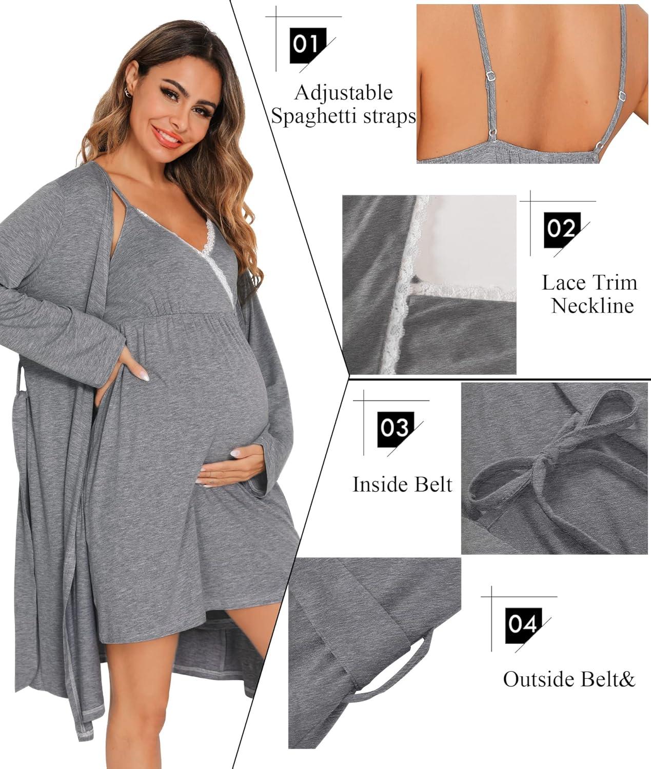 imageSWOMOG Womens Maternity Robe 2 Piece Nursing Nightgown for Breastfeeding 3 in 1 Labor Delivery Nursing Dress Lace BathrobeGrey