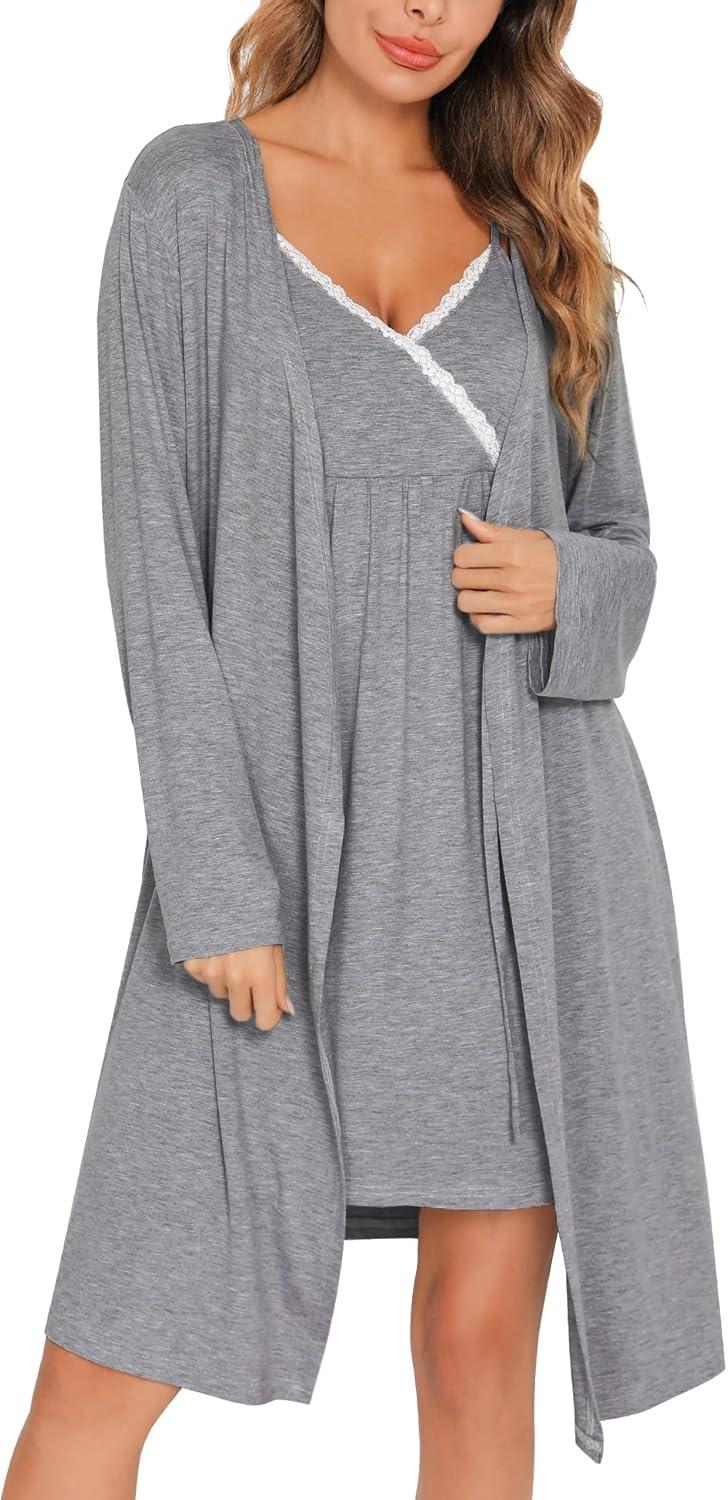imageSWOMOG Womens Maternity Robe 2 Piece Nursing Nightgown for Breastfeeding 3 in 1 Labor Delivery Nursing Dress Lace BathrobeGrey