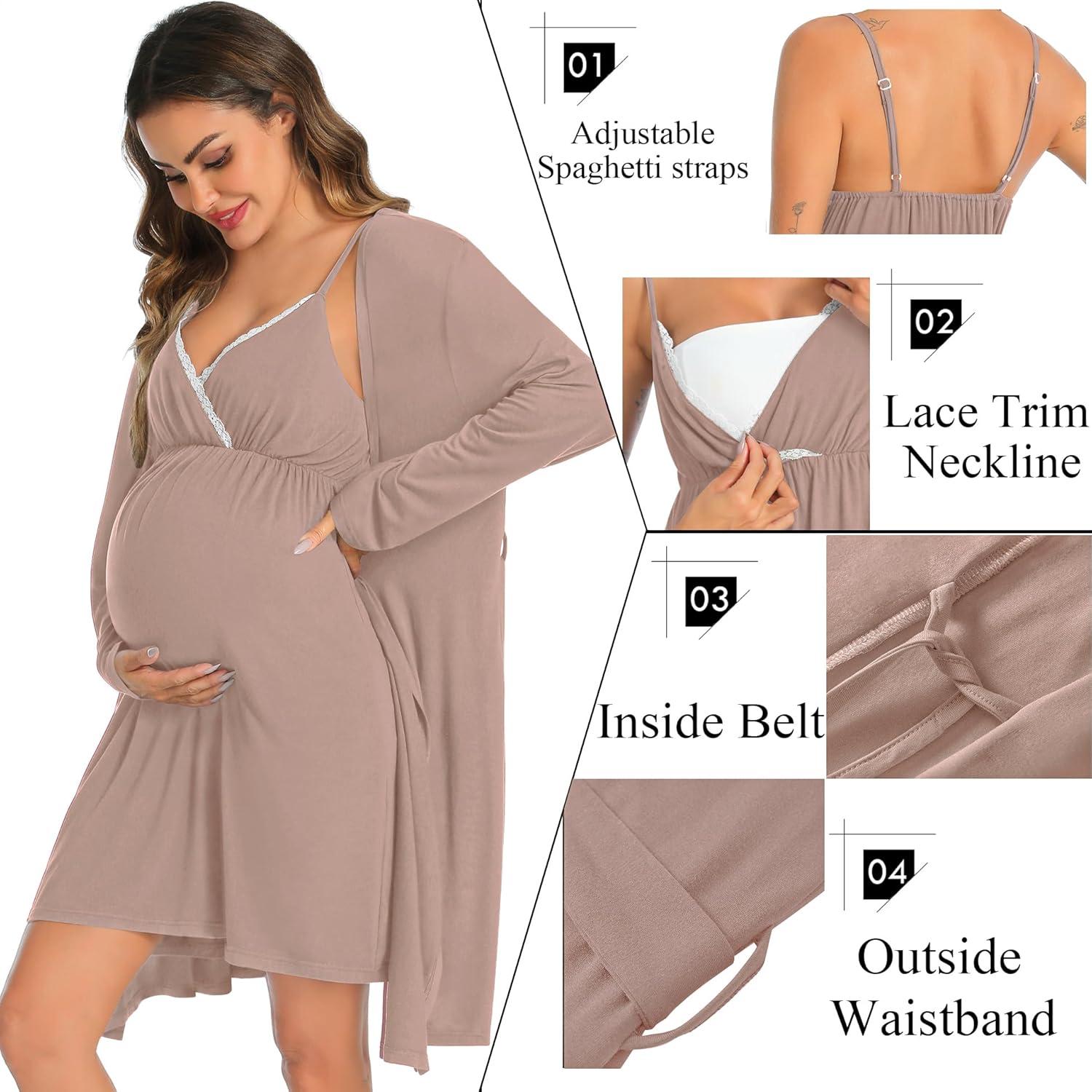 imageSWOMOG Womens Maternity Robe 2 Piece Nursing Nightgown for Breastfeeding 3 in 1 Labor Delivery Nursing Dress Lace BathrobeLight Brown