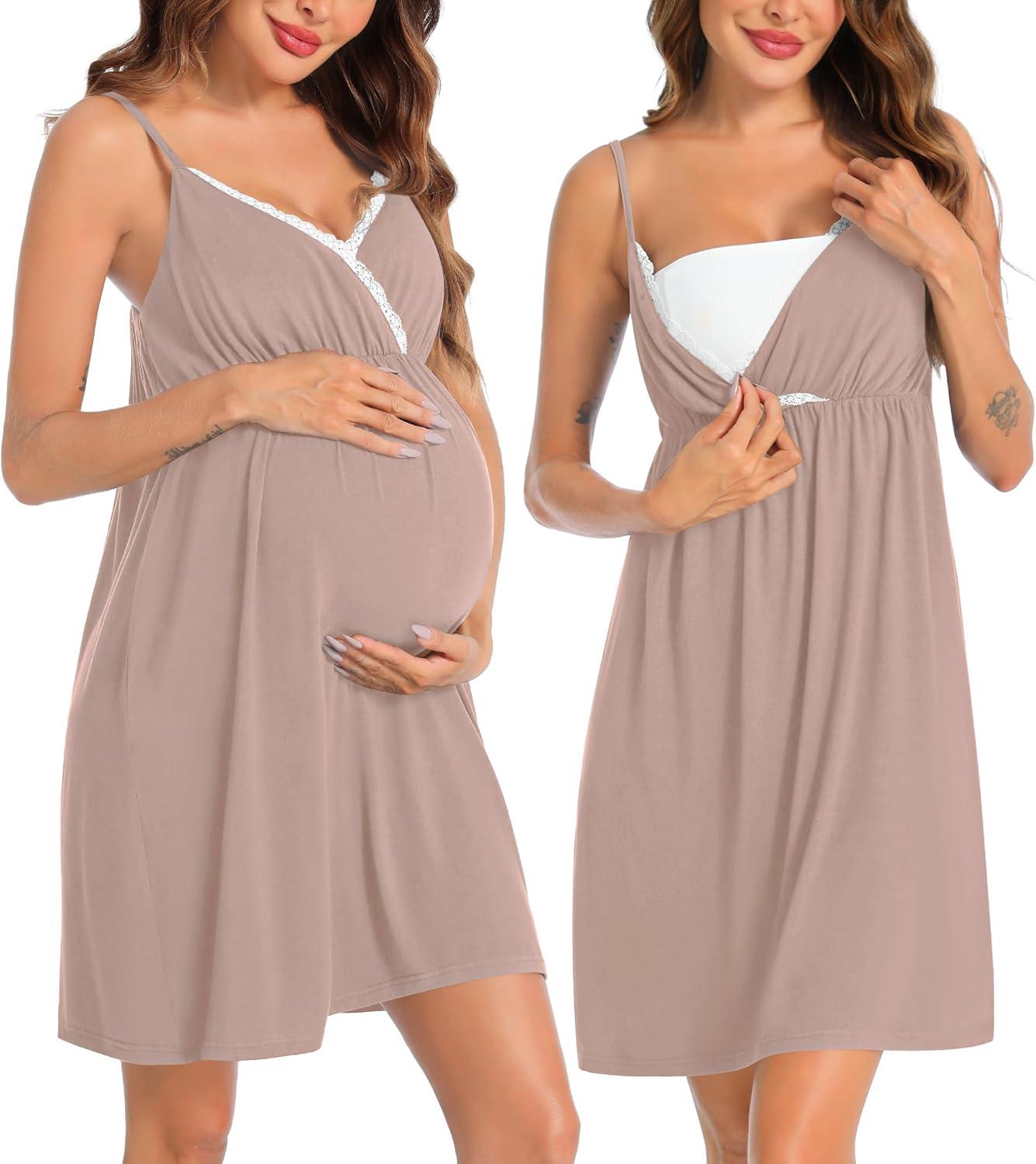 imageSWOMOG Womens Maternity Robe 2 Piece Nursing Nightgown for Breastfeeding 3 in 1 Labor Delivery Nursing Dress Lace BathrobeLight Brown