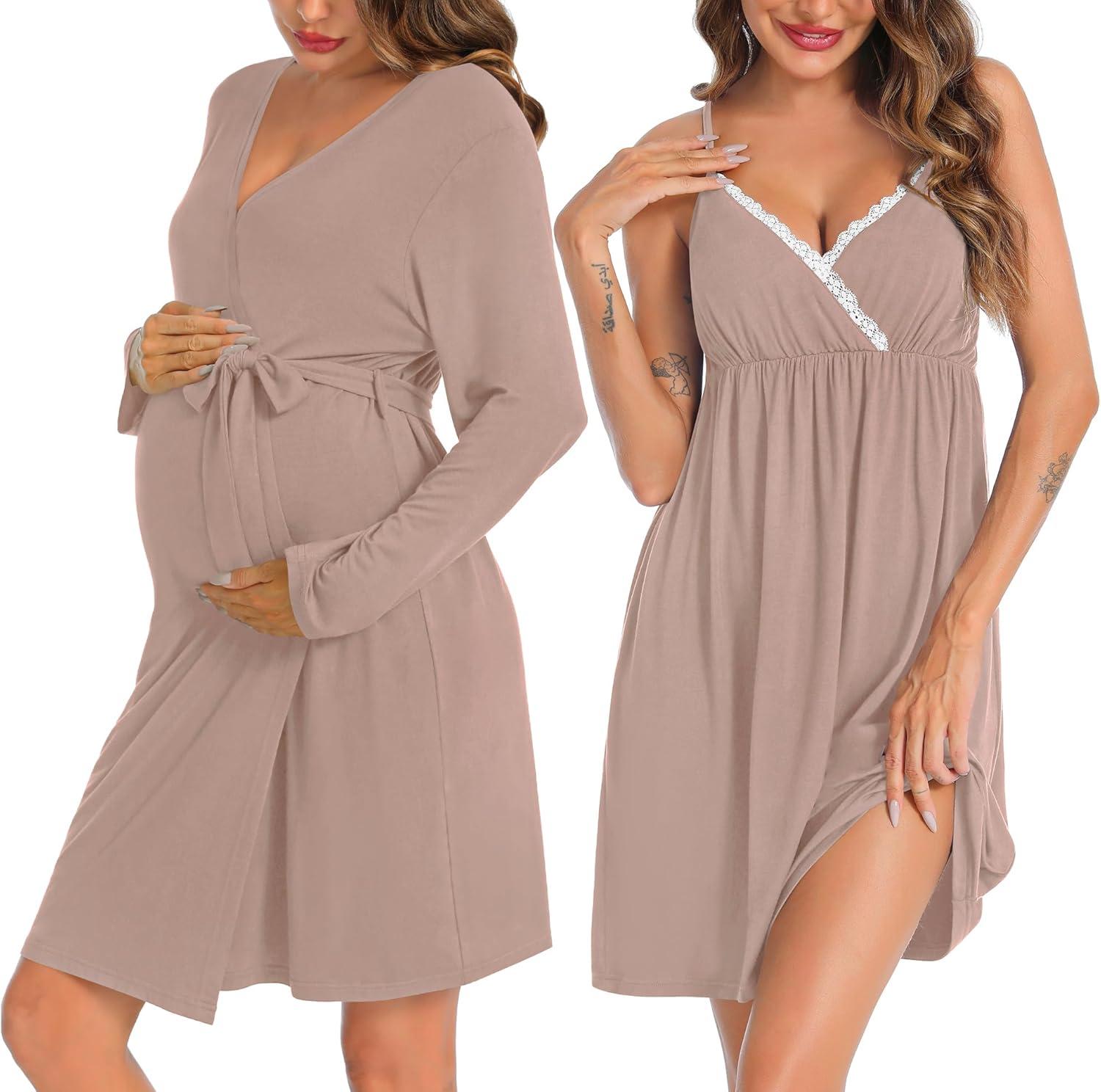 imageSWOMOG Womens Maternity Robe 2 Piece Nursing Nightgown for Breastfeeding 3 in 1 Labor Delivery Nursing Dress Lace BathrobeLight Brown