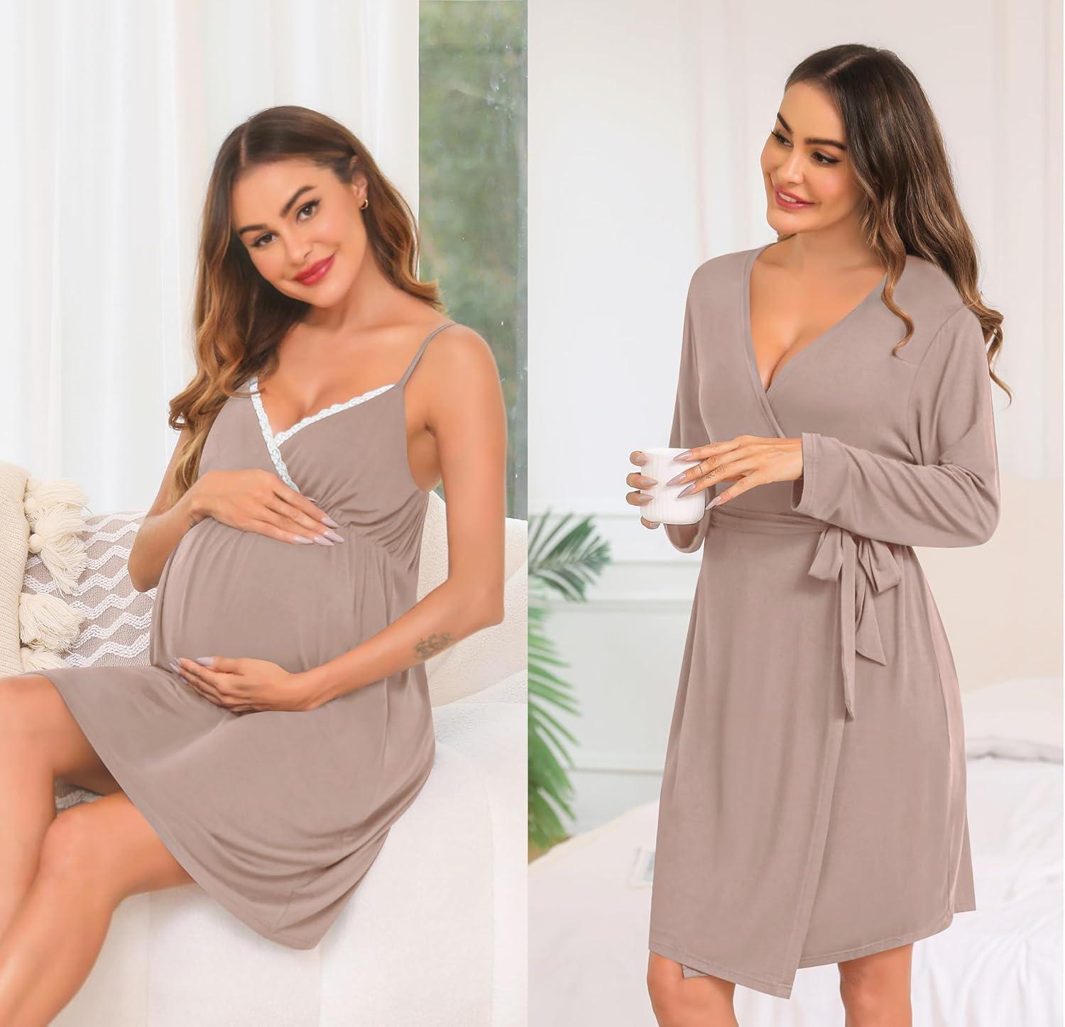 imageSWOMOG Womens Maternity Robe 2 Piece Nursing Nightgown for Breastfeeding 3 in 1 Labor Delivery Nursing Dress Lace BathrobeLight Brown