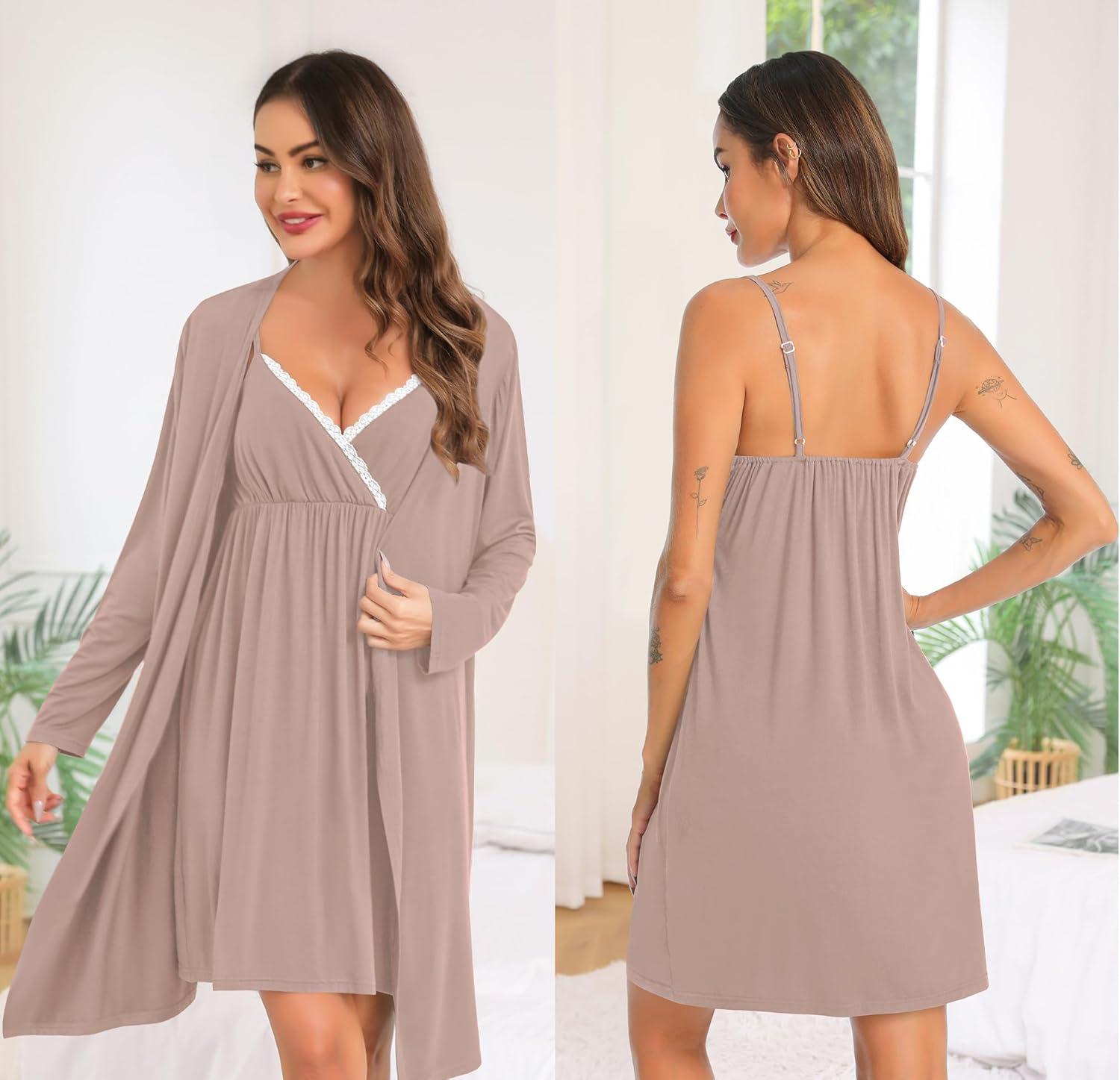 imageSWOMOG Womens Maternity Robe 2 Piece Nursing Nightgown for Breastfeeding 3 in 1 Labor Delivery Nursing Dress Lace BathrobeLight Brown
