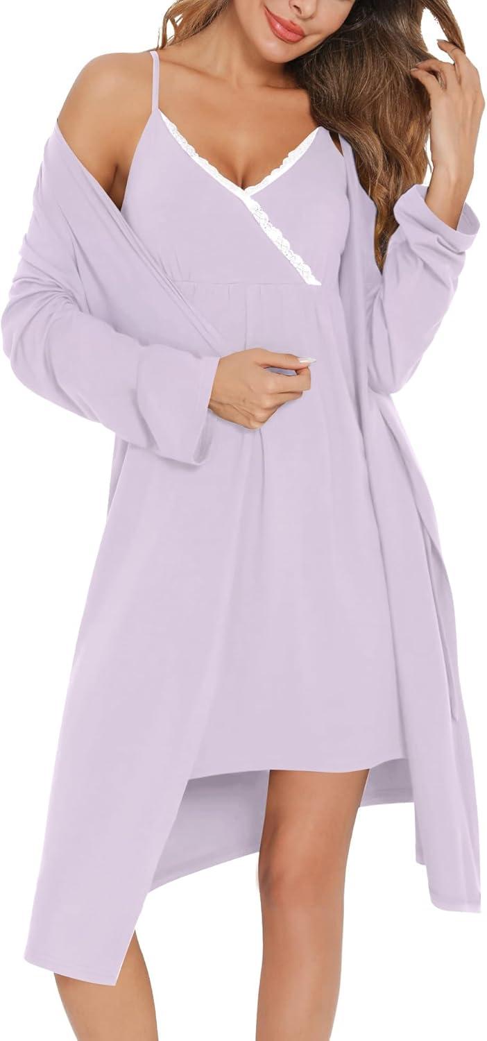 imageSWOMOG Womens Maternity Robe 2 Piece Nursing Nightgown for Breastfeeding 3 in 1 Labor Delivery Nursing Dress Lace BathrobeLilac