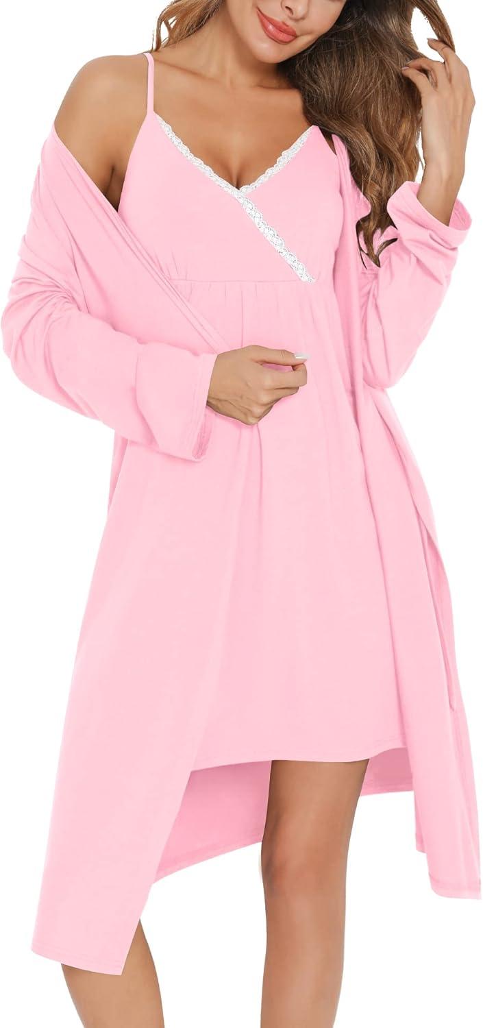 imageSWOMOG Womens Maternity Robe 2 Piece Nursing Nightgown for Breastfeeding 3 in 1 Labor Delivery Nursing Dress Lace BathrobePink