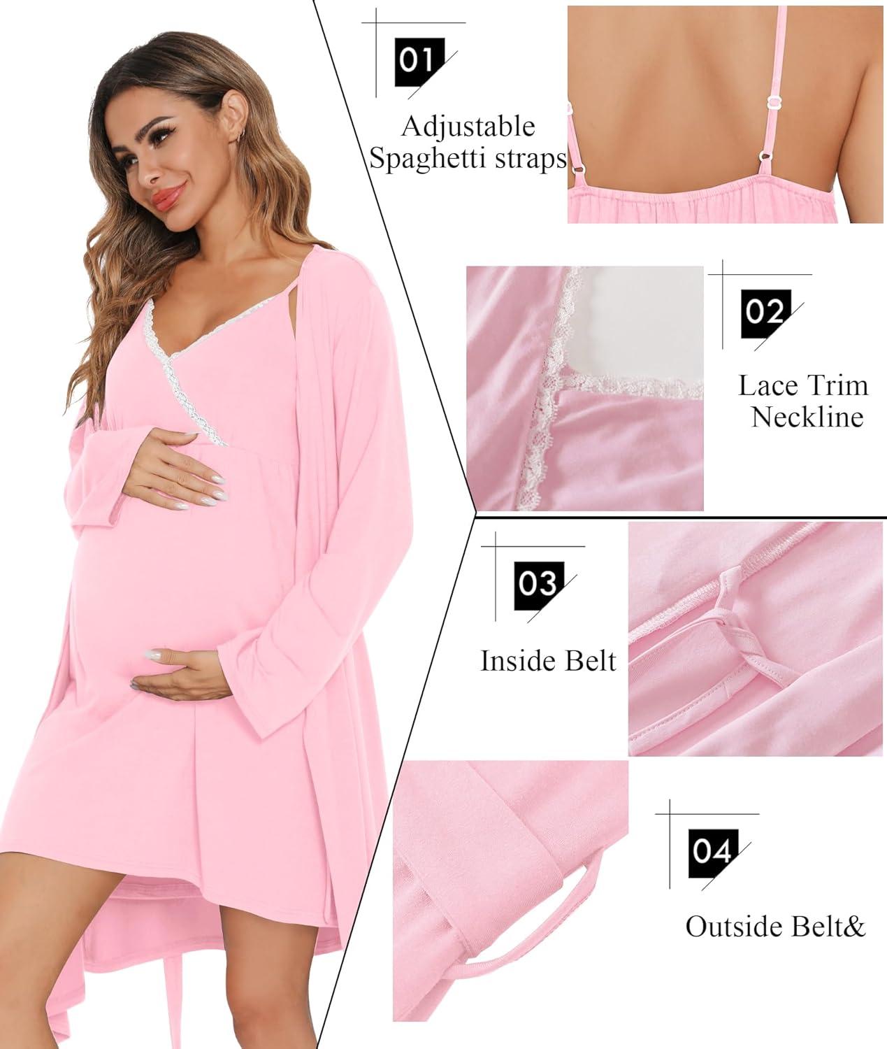 imageSWOMOG Womens Maternity Robe 2 Piece Nursing Nightgown for Breastfeeding 3 in 1 Labor Delivery Nursing Dress Lace BathrobePink