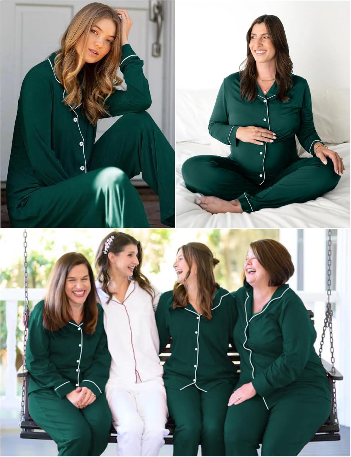 imageSWOMOG Womens Pajama Sets Long Sleeve Button Down Sleepwear Soft Pjs Lounge Sets with Pockets Navy Blue Wide PipingEmerald Greentwo Pockets