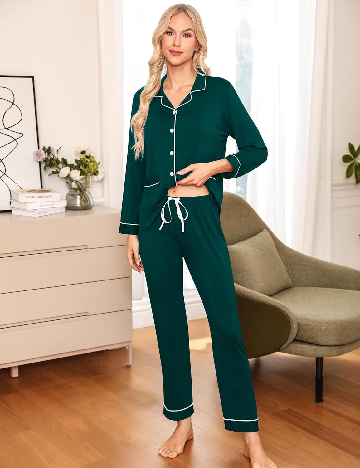 imageSWOMOG Womens Pajama Sets Long Sleeve Button Down Sleepwear Soft Pjs Lounge Sets with Pockets Navy Blue Wide PipingEmerald Greentwo Pockets