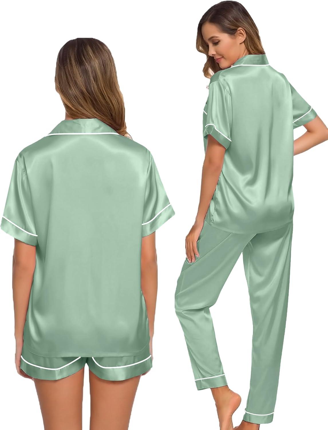 imageSWOMOG Womens Silk Satin Pajama Sets 3Pcs Button Down Pj Set Short Sleeve Sleepwear Loungewear Pjs Nightwear XSXXLAvocado Green